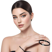 Pulsera de cuero sintético trenzado negro y rondelles de strass