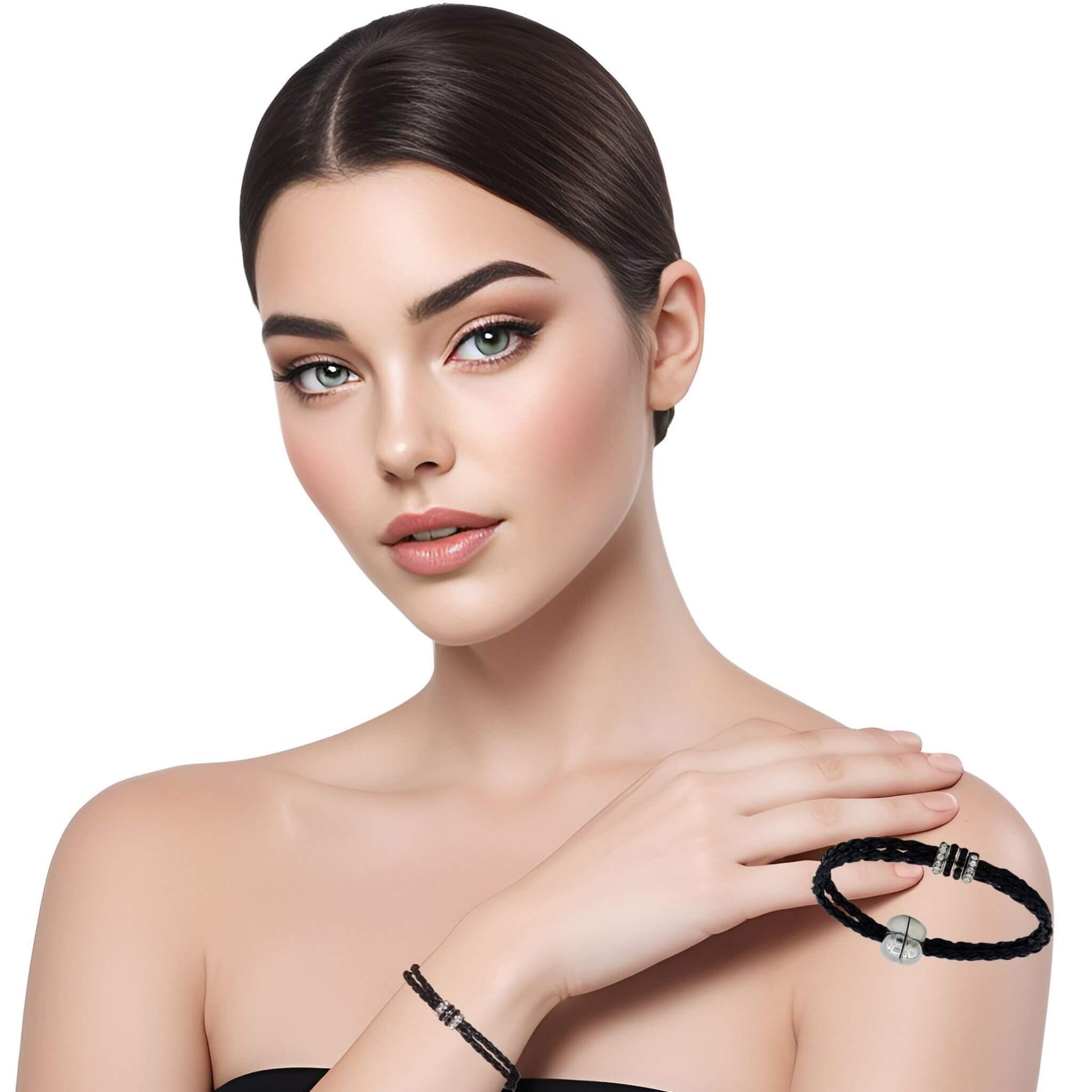 Pulsera de cuero sintético trenzado negro y rondelles de strass