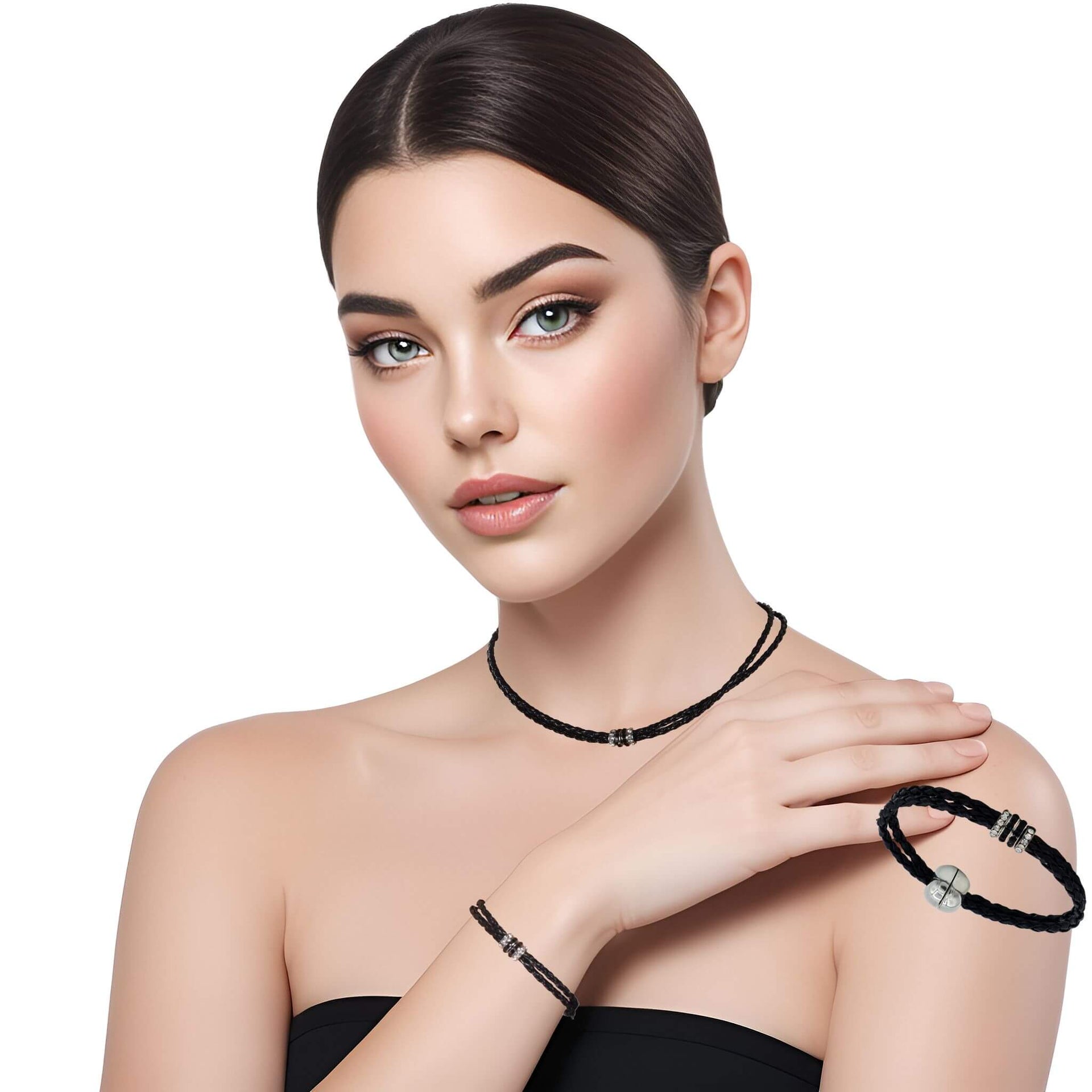 Pulsera y collar  de cuero sintético trenzado negro y rondelles de strass
