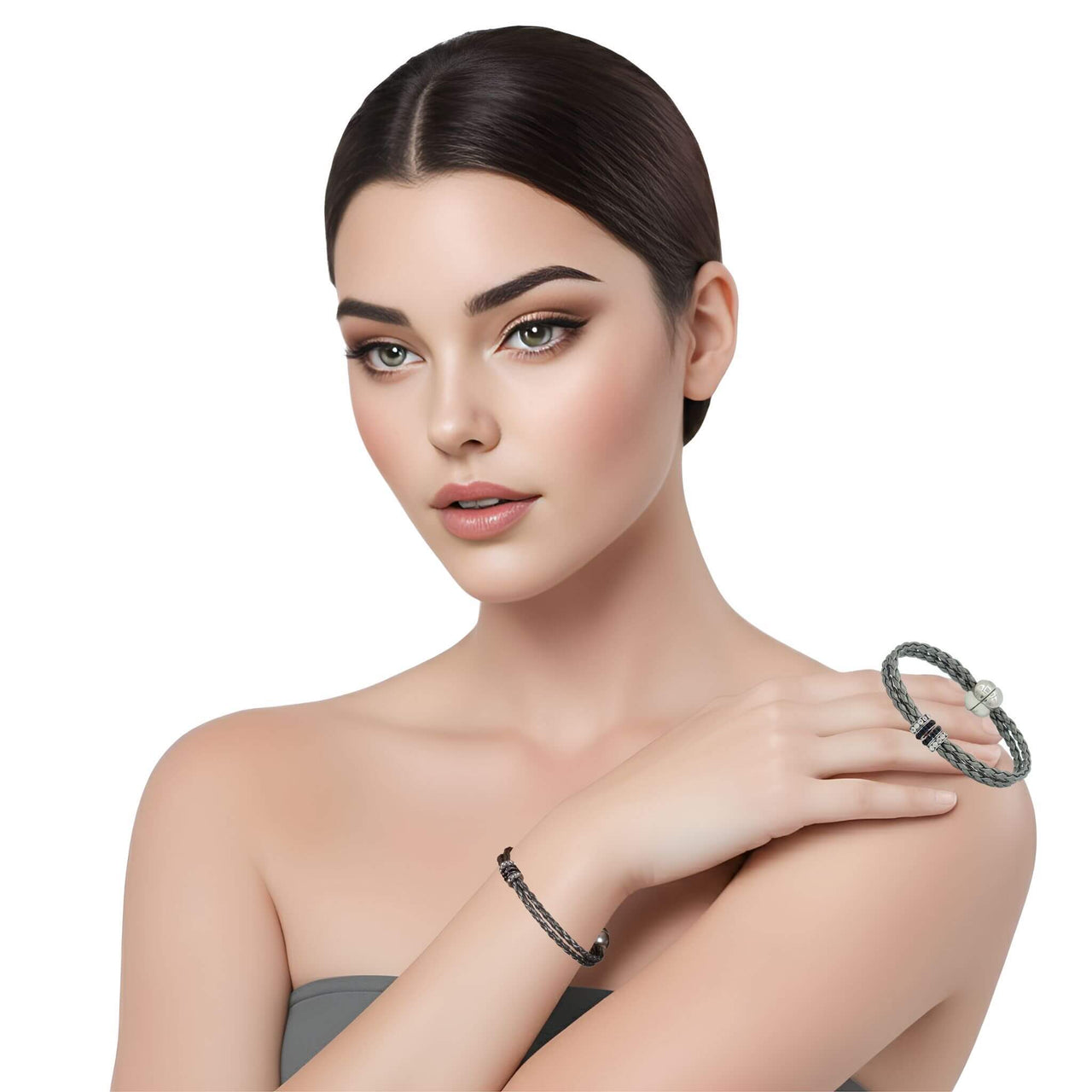 Pulsera de cuero sintético trenzado gris y rondelles de strass