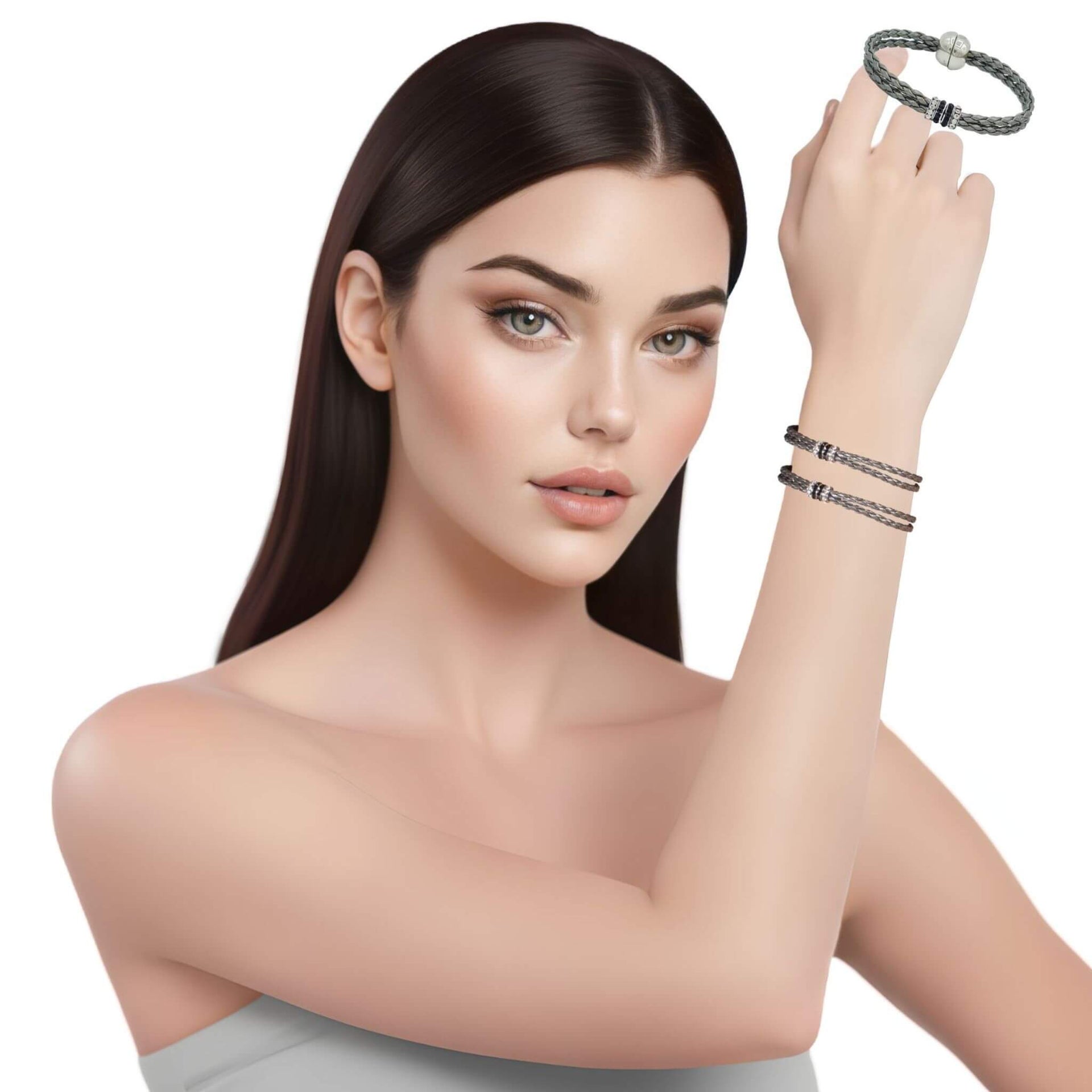 Pulsera de cuero sintético trenzado gris y rondelles de strass