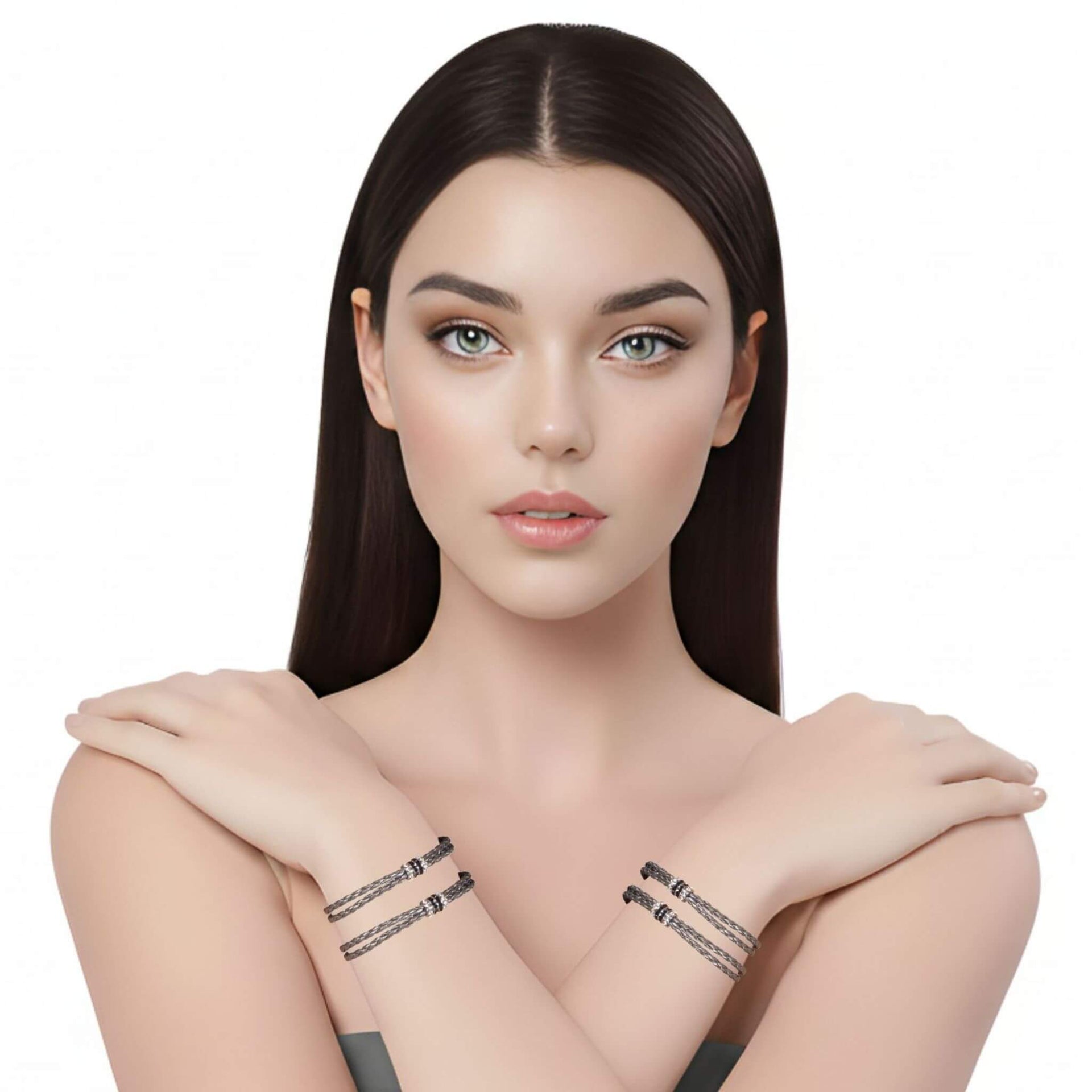 Pulsera de cuero sintético trenzado gris y rondelles de strass