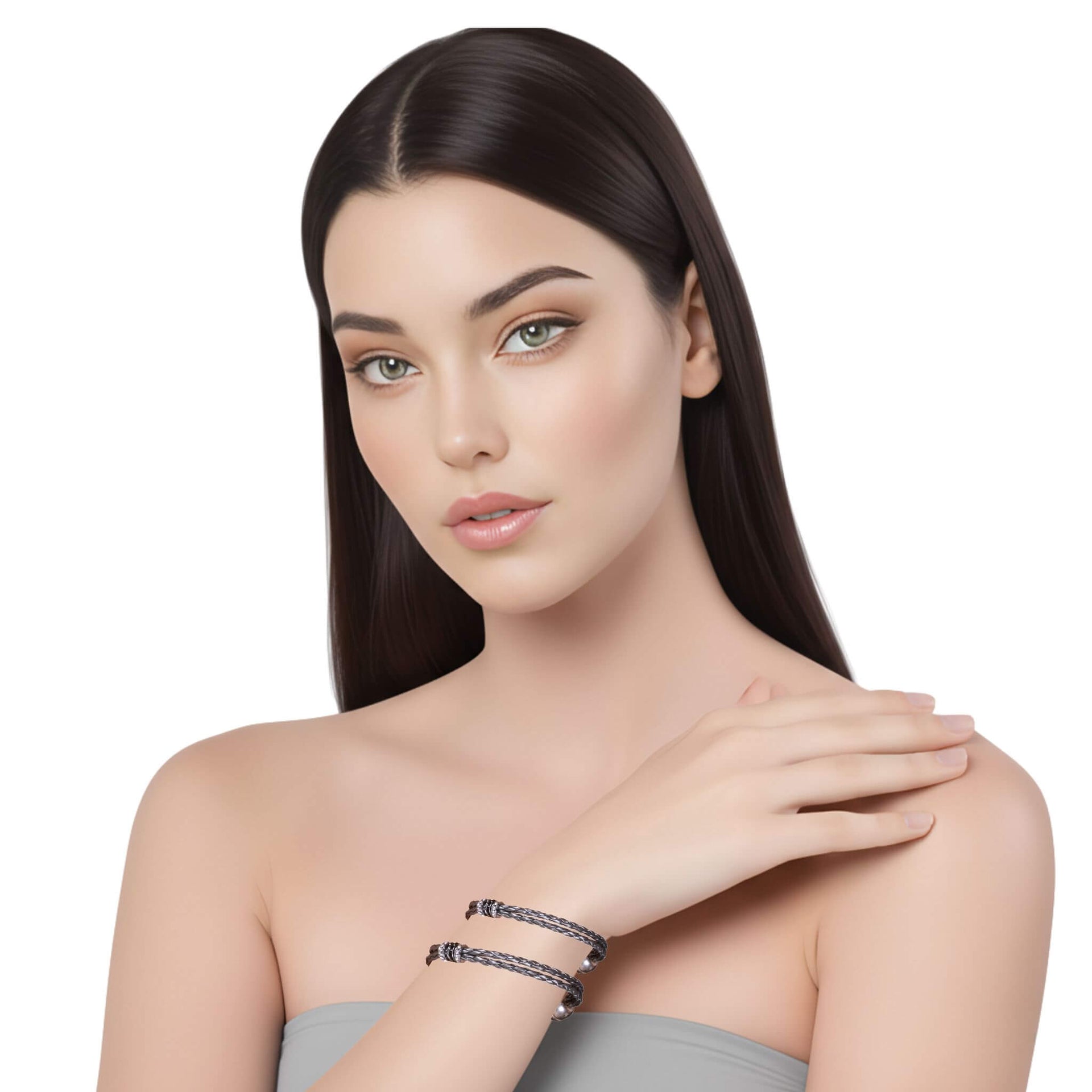 Pulsera de cuero sintético trenzado gris y rondelles de strass