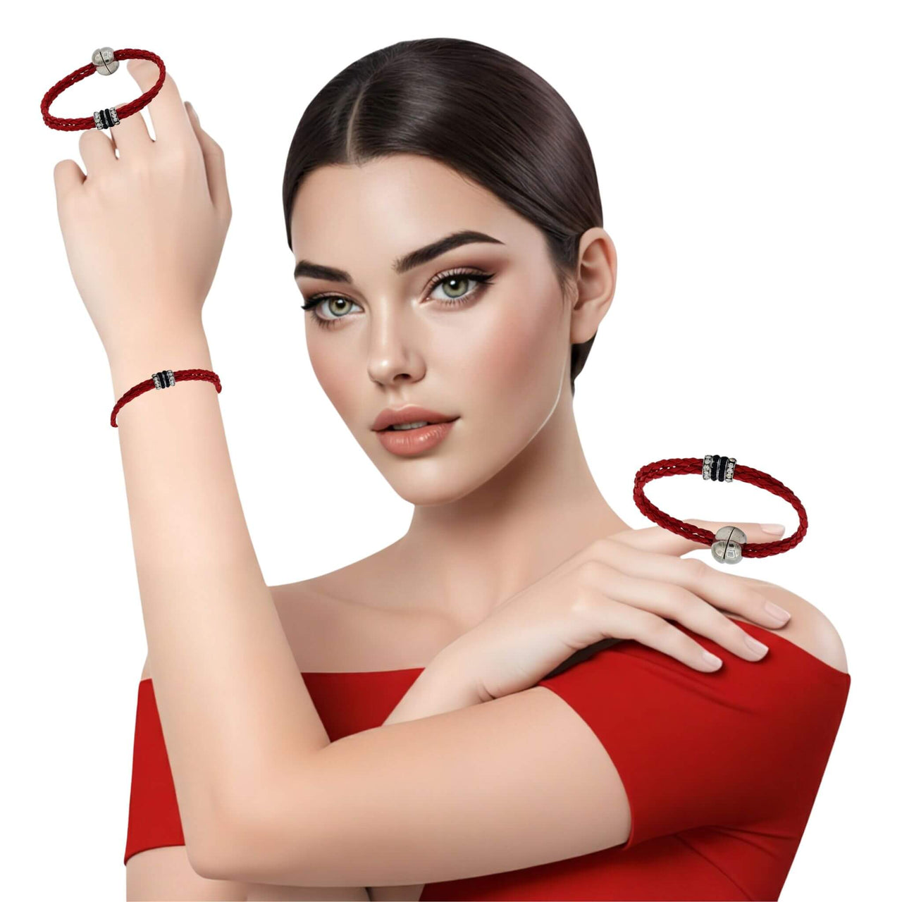 Pulsera de cuero sintético trenzado rojo y rondelles de strass