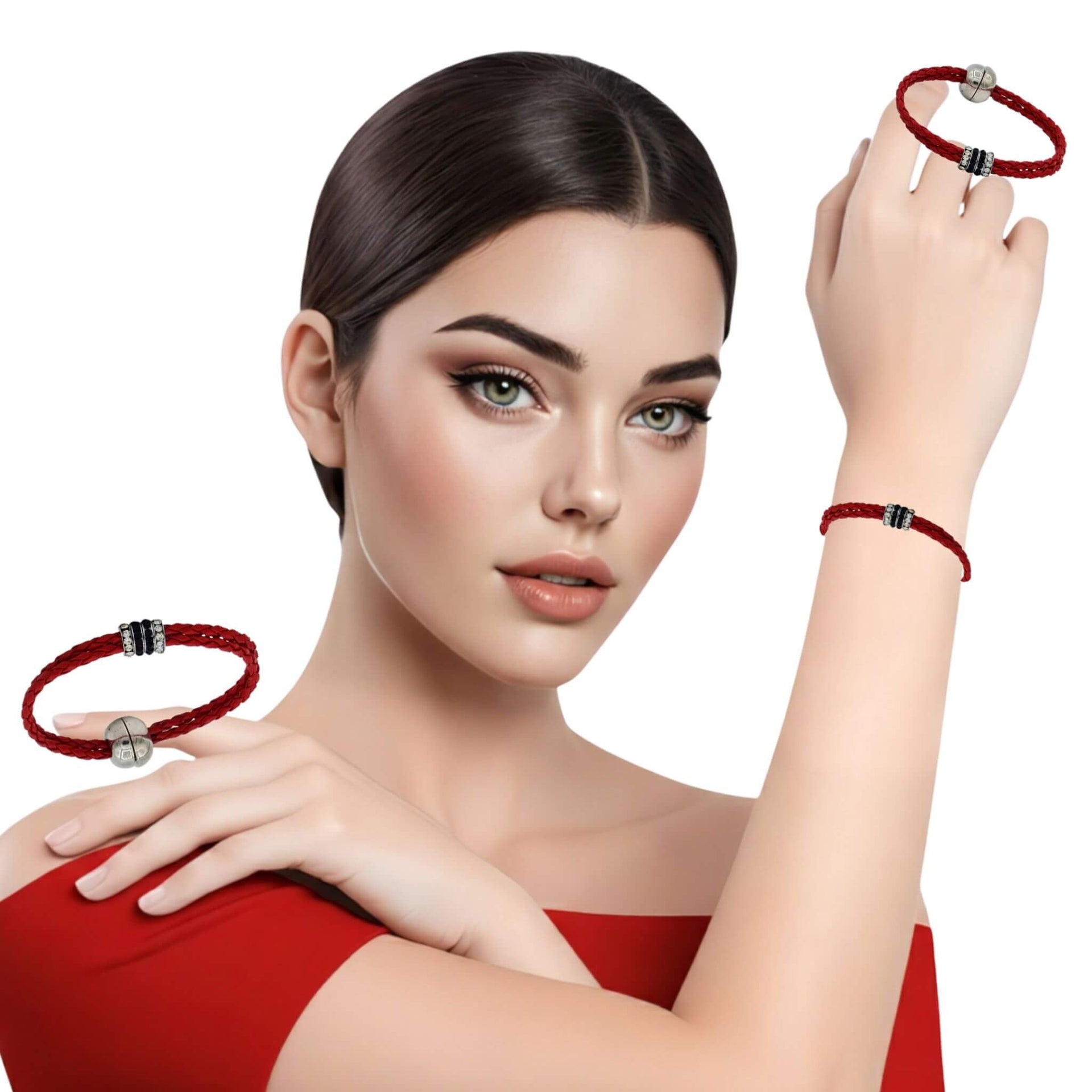 Pulsera de cuero sintético trenzado rojo y rondelles de strass
