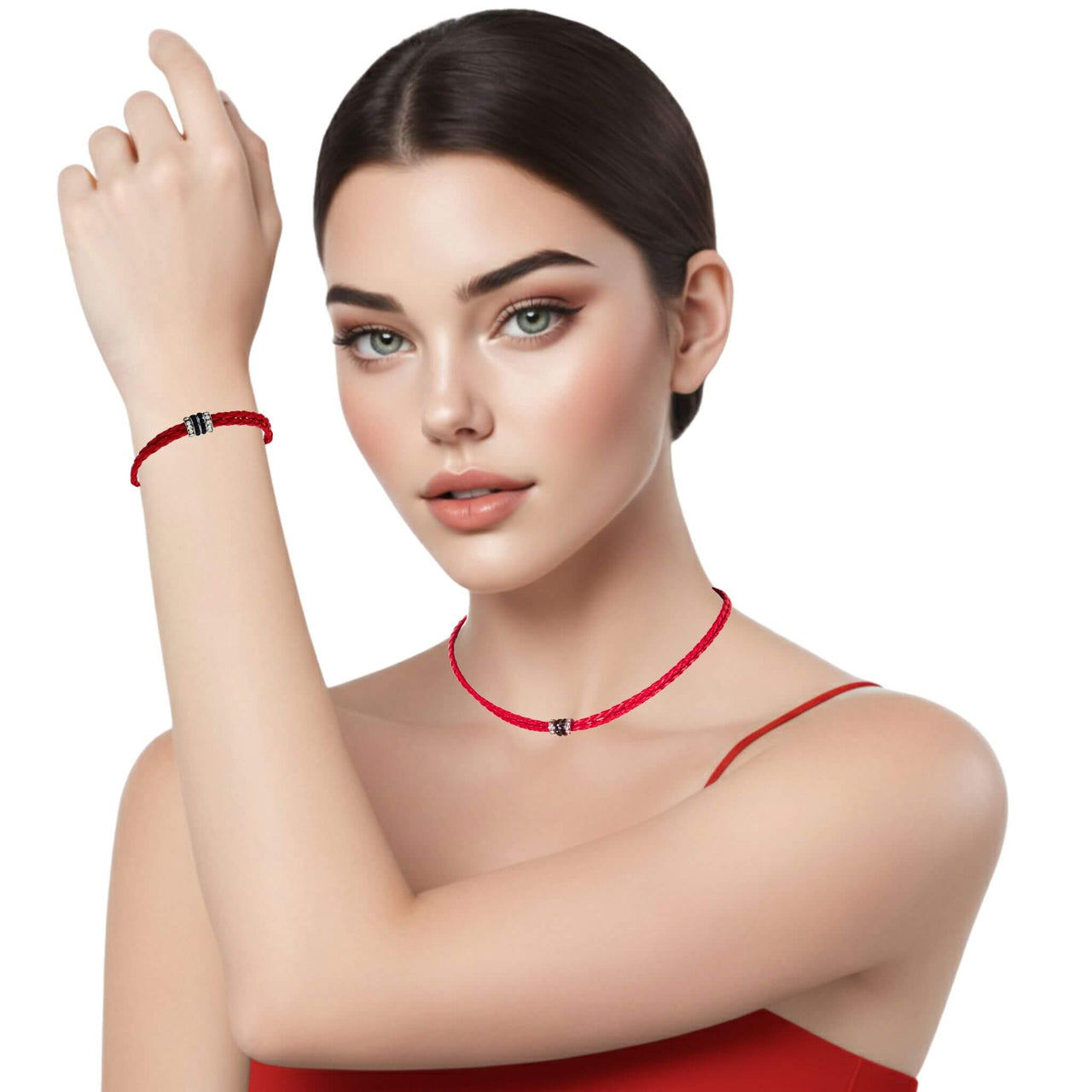 Set de pulsera y collar gargantilla de cuero sintético trenzado rojo y rondelles de strass