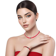 Set de pulsera y collar gargantilla de cuero sintético trenzado rojo y rondelles de strass