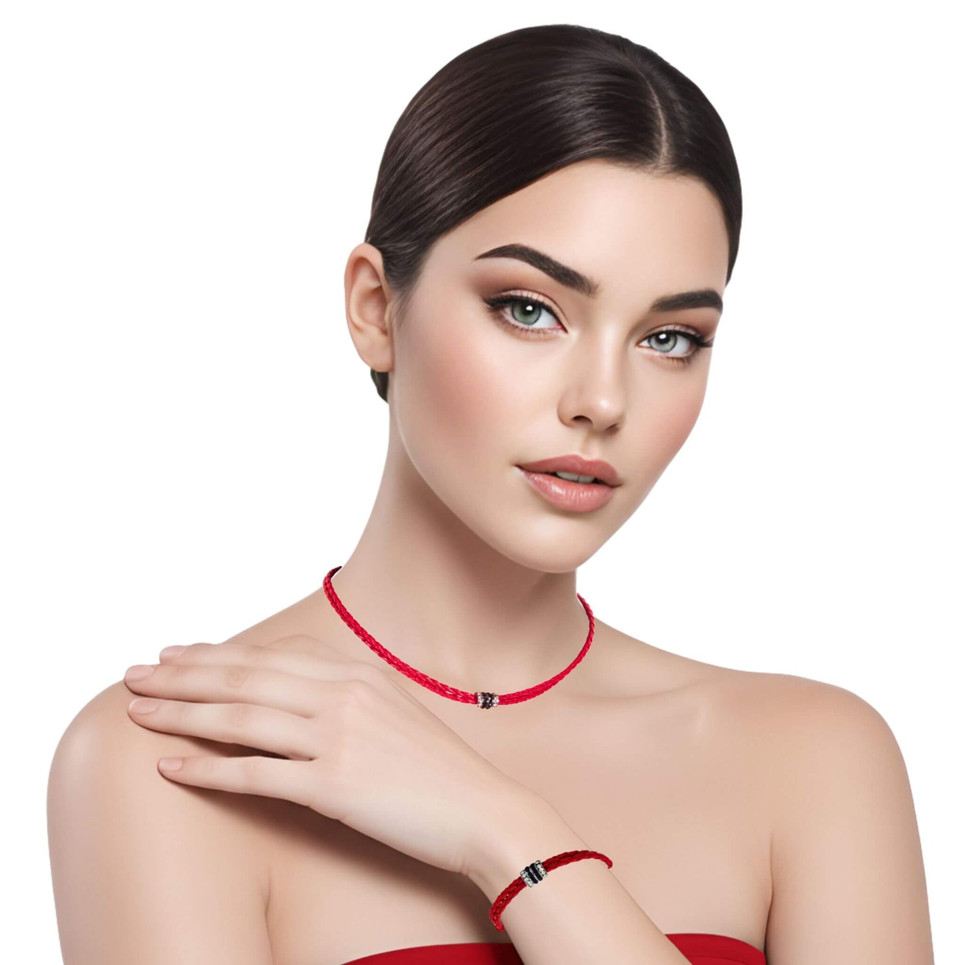 Set de pulsera y collar gargantilla de cuero sintético trenzado rojo y rondelles de strass