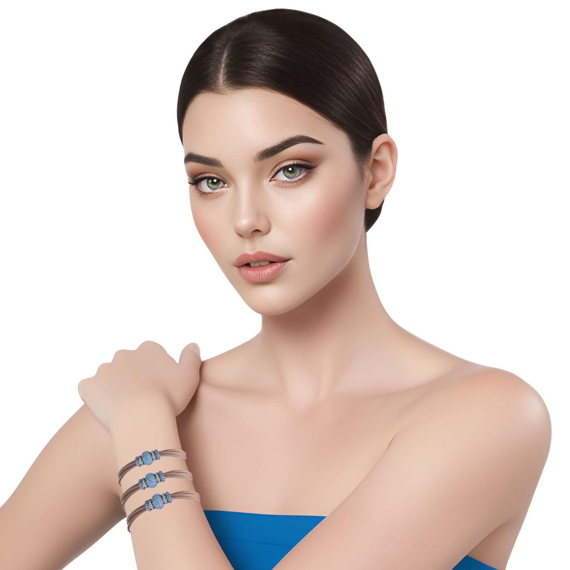 Pulsera de cuero chocolate y central de brillantes de cristal azul