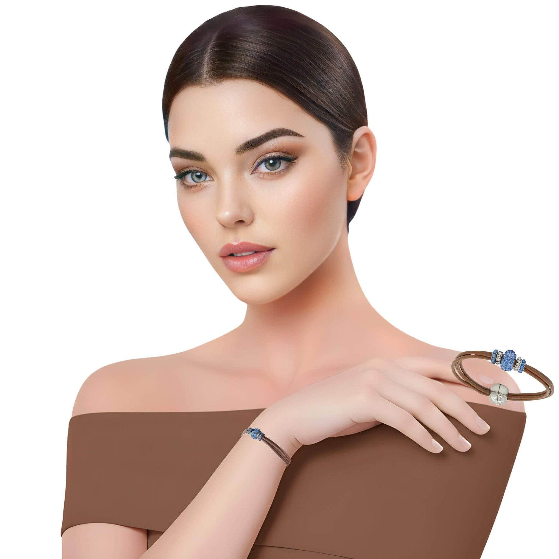 Pulsera de cuero chocolate y central de brillantes de cristal azul
