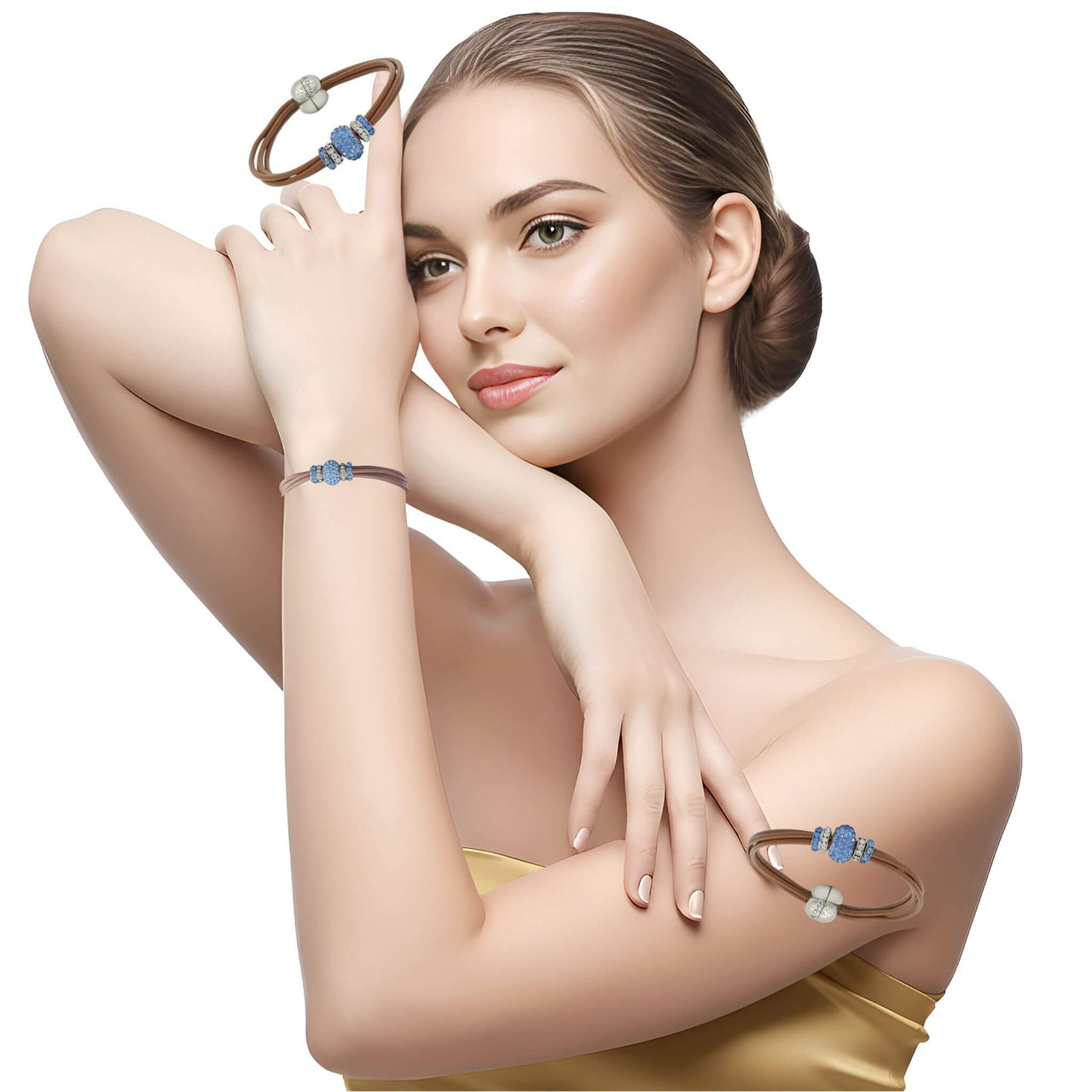 Pulsera de cuero chocolate y central de brillantes de cristal azul