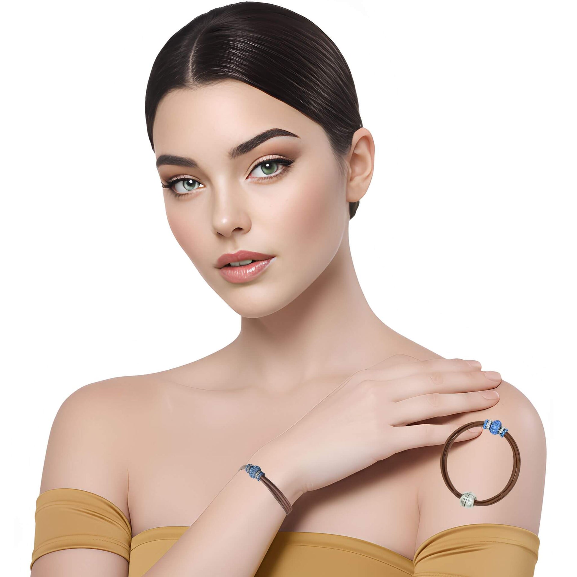 Pulsera de cuero chocolate y central de brillantes de cristal azul