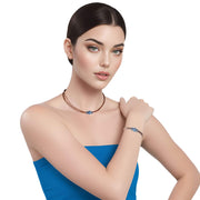 Set de pulsera y collar gargantilla de cuero marrón chocolate con central de brillantes en azul 