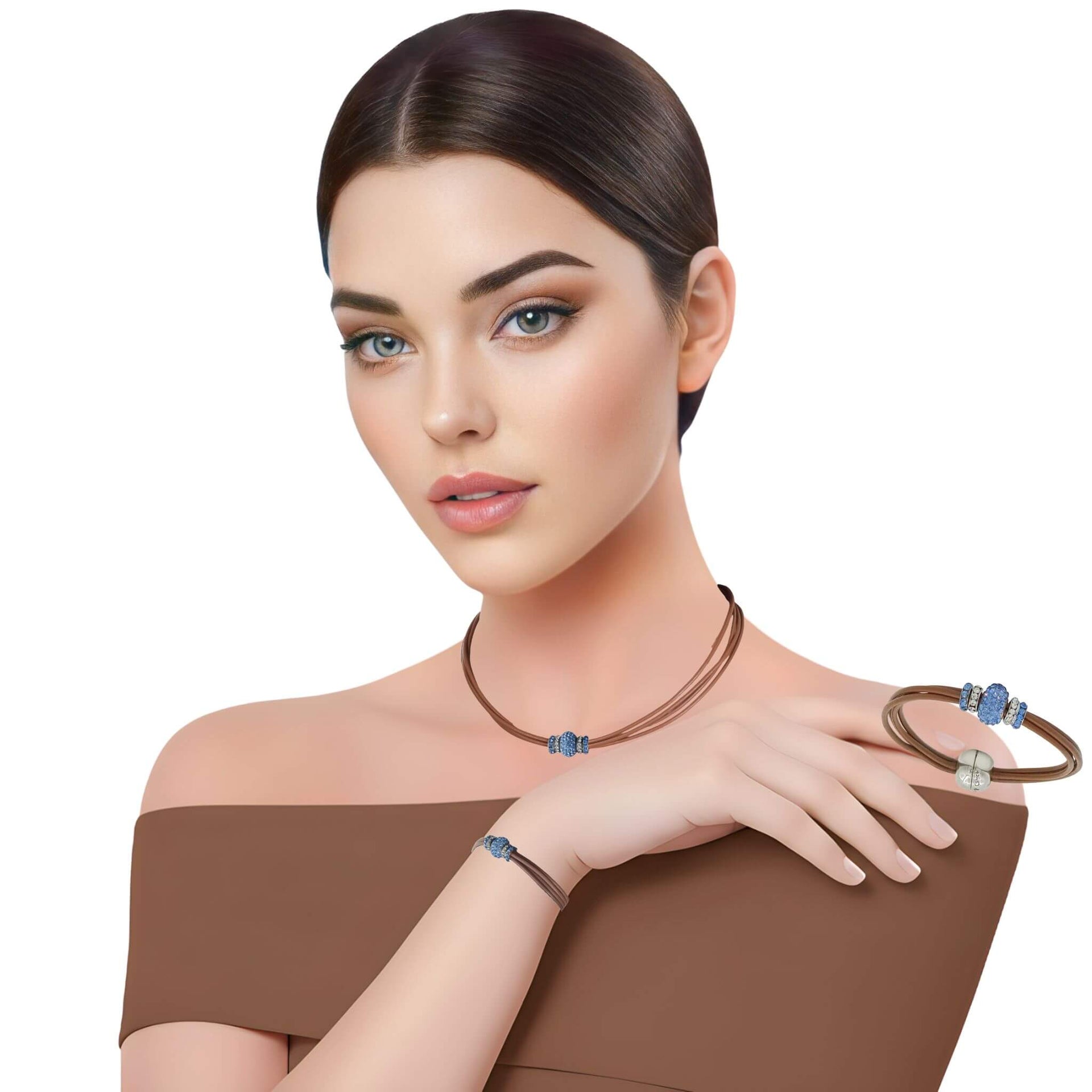 Set de pulsera y collar gargantilla de cuero marrón chocolate con central de brillantes en azul