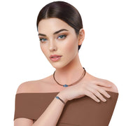 Set de pulsera y collar gargantilla de cuero marrón chocolate con central de brillantes en azul 