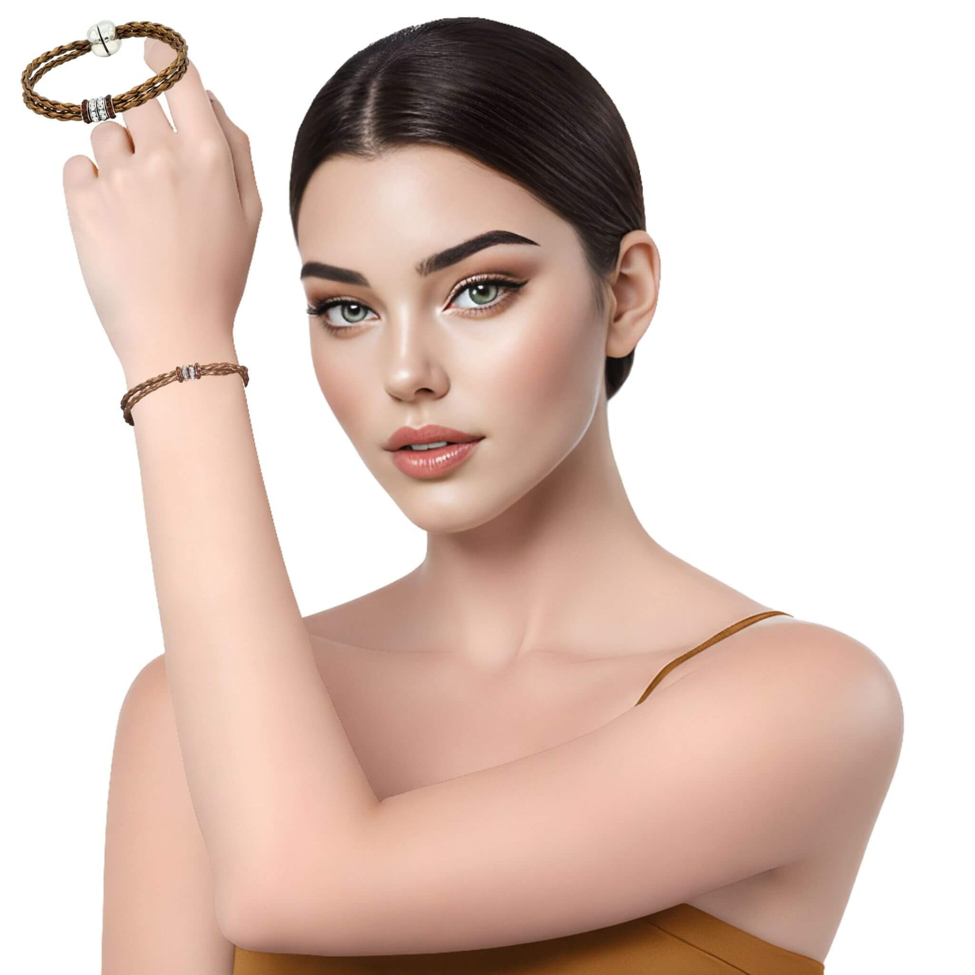 Pulsera de cuero sintético trenzado dorado y rondelles