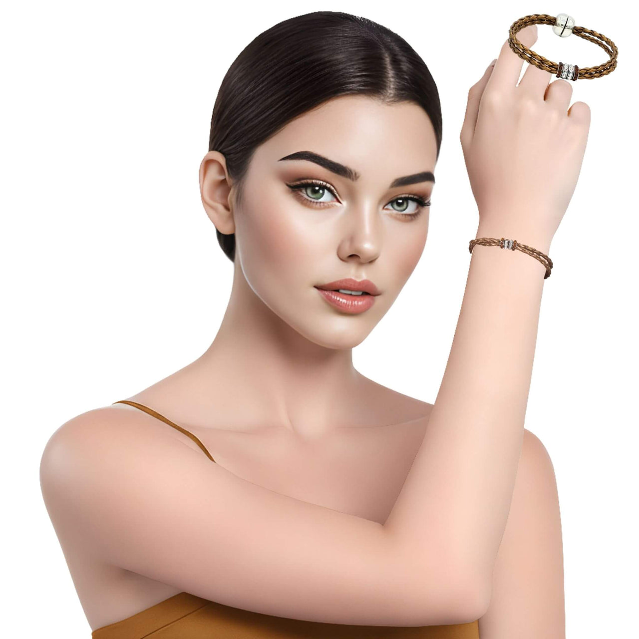 Pulsera de cuero sintético trenzado dorado y rondelles