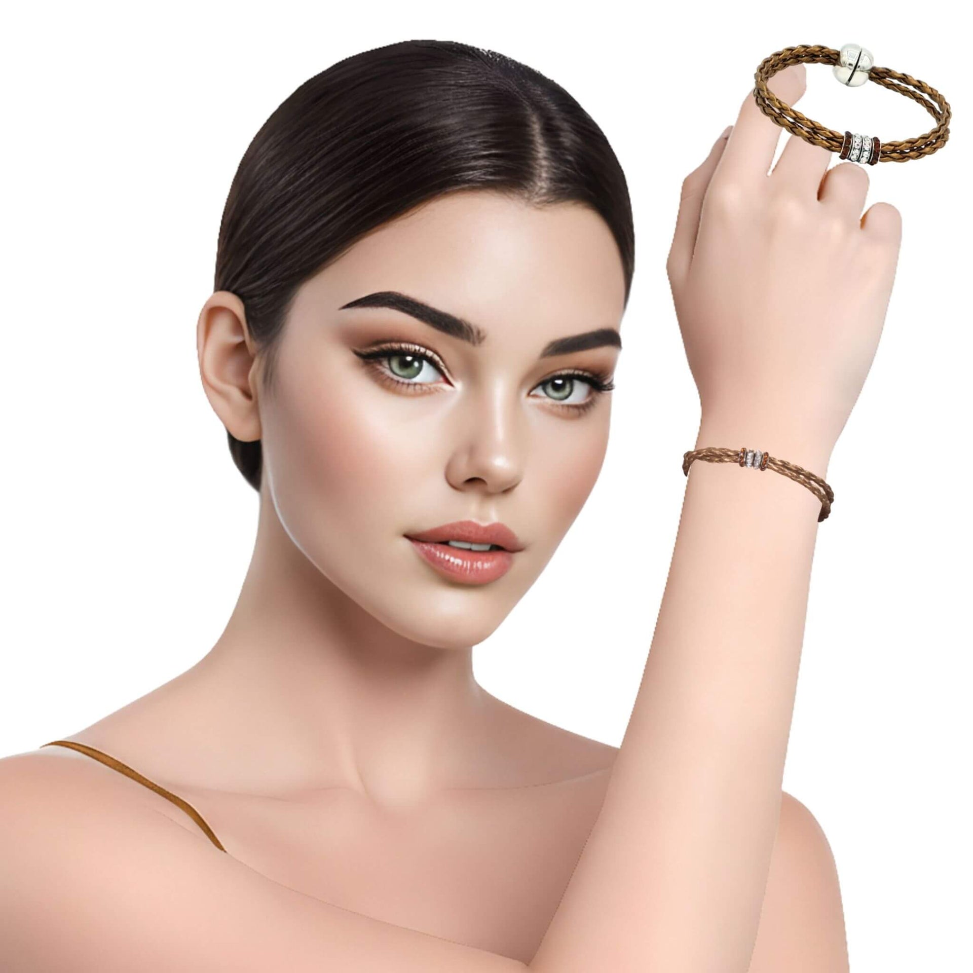 Pulsera de cuero sintético trenzado dorado y rondelles