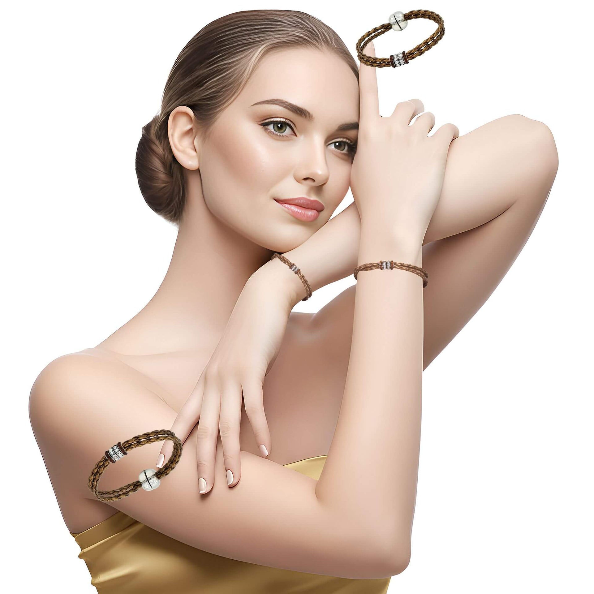 Pulsera de cuero sintético trenzado dorado y rondelles