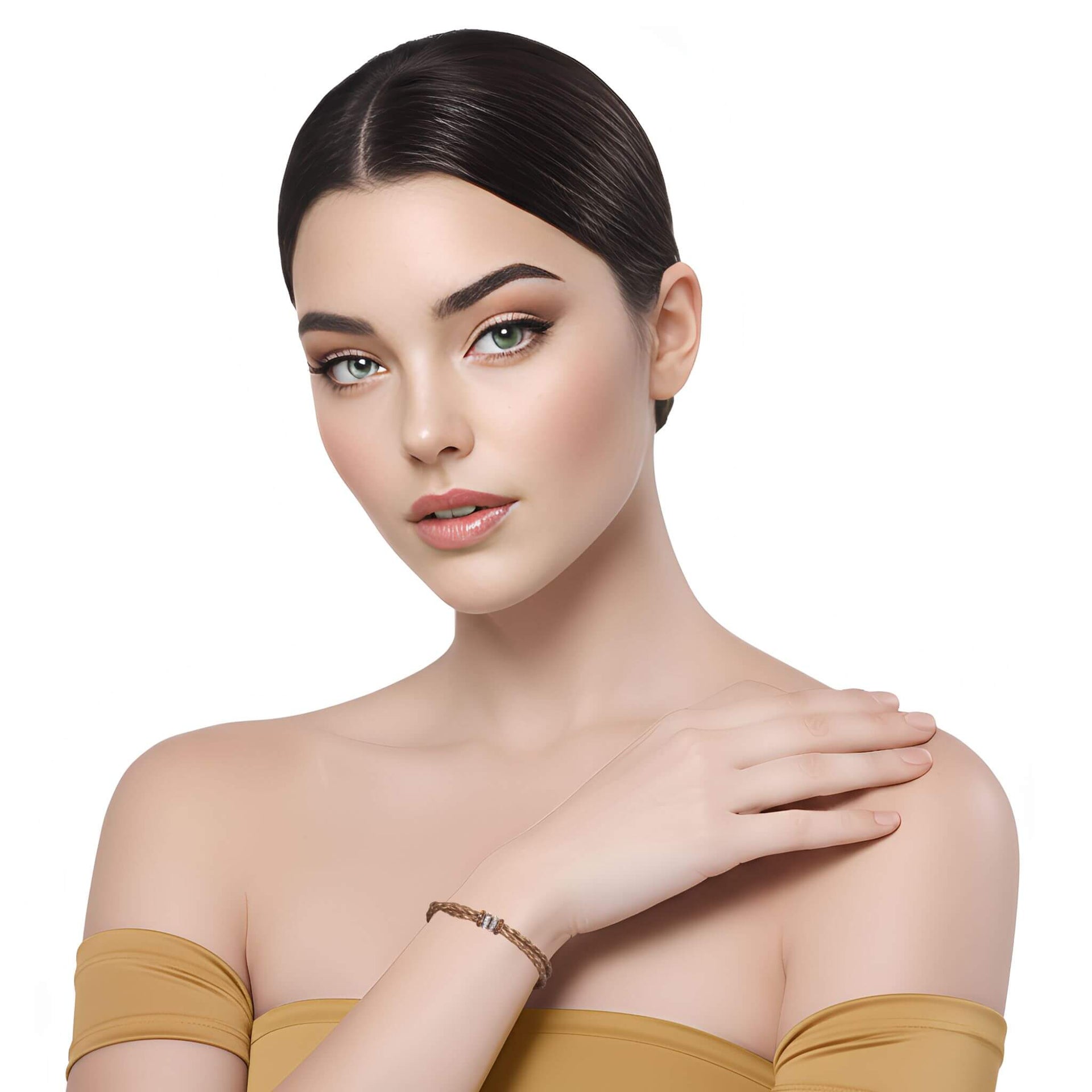 Pulsera de cuero sintético trenzado dorado y rondelles