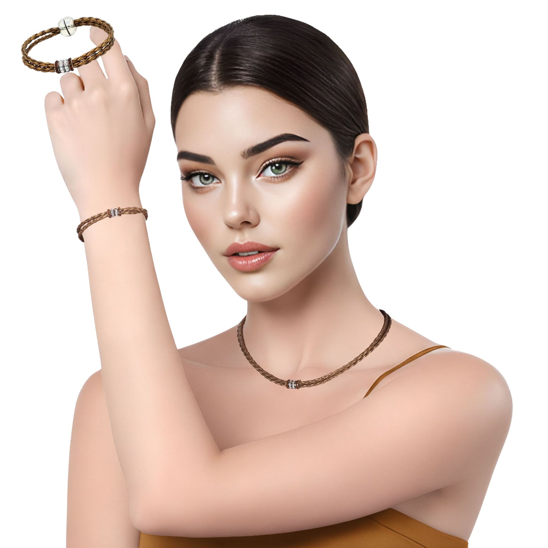 Set de Pulsera y collar de cuero sintético trenzado dorado con rondelles