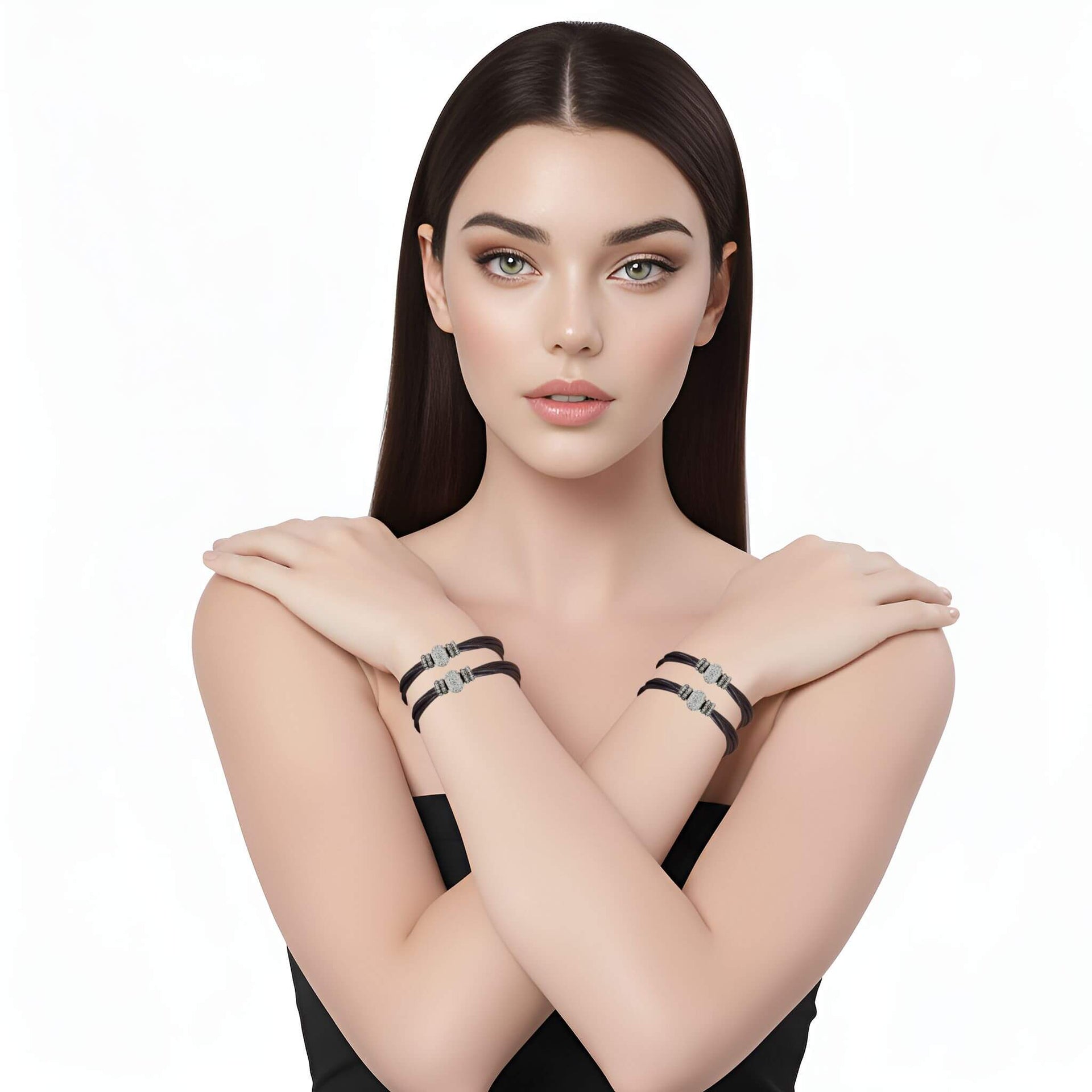 Pulsera de cuero negro y brillantes de cristal blancos