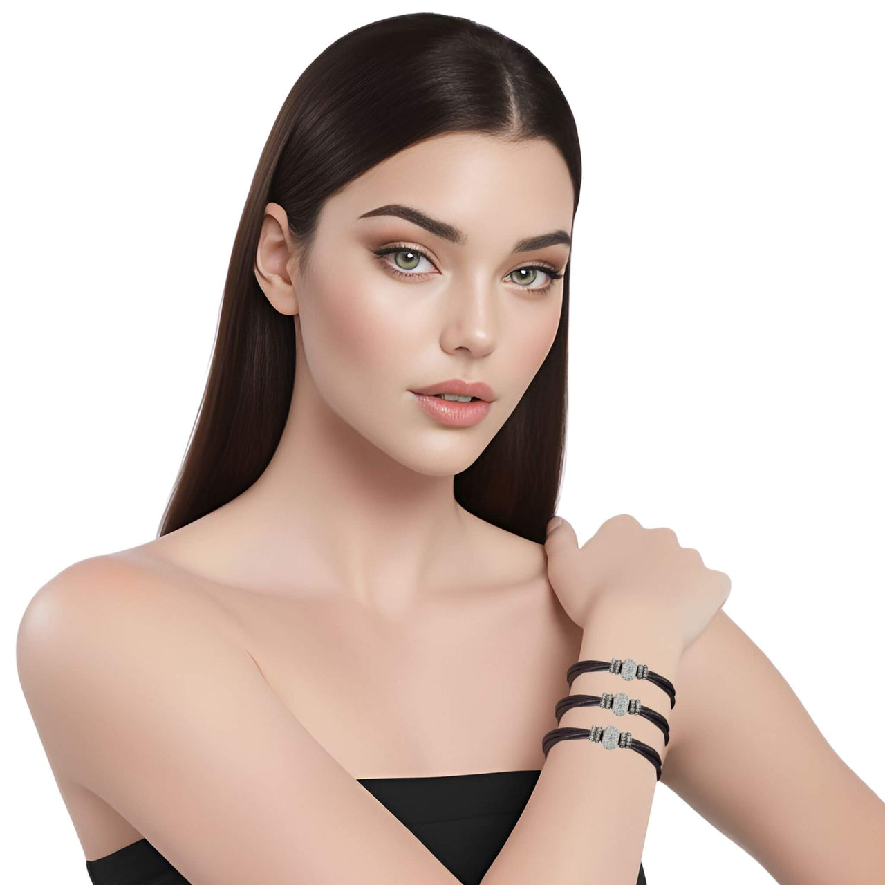 Pulsera de cuero negro y brillantes de cristal blancos