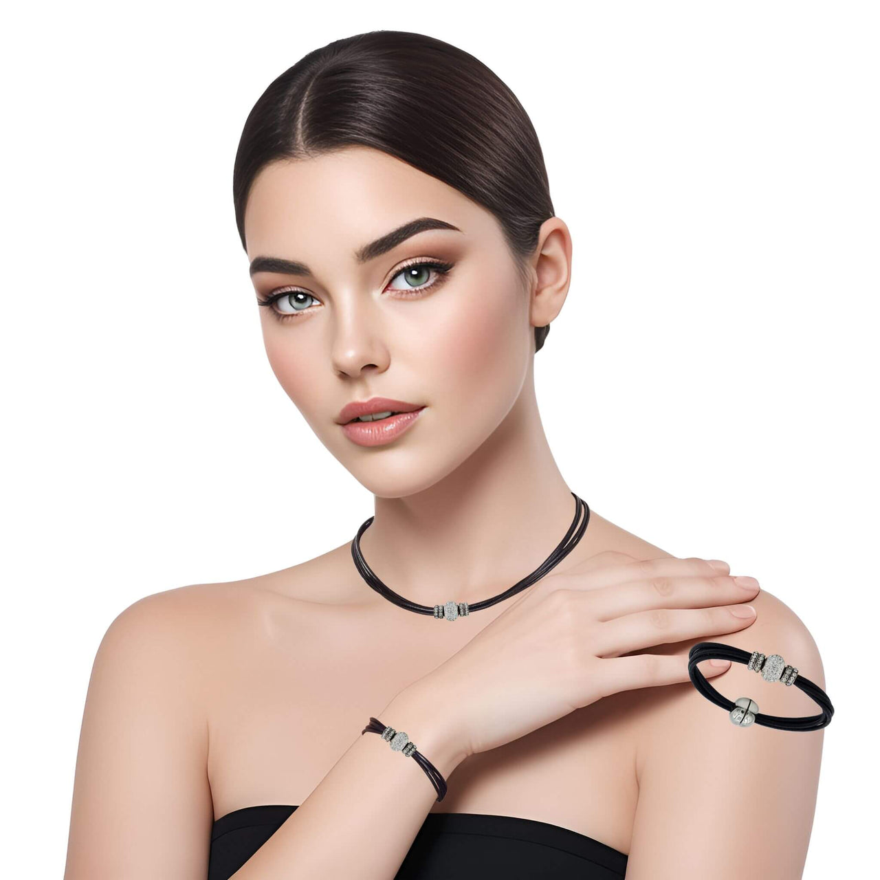 Set de pulsera y collar de cuero negro y brillantes de cristal blancos