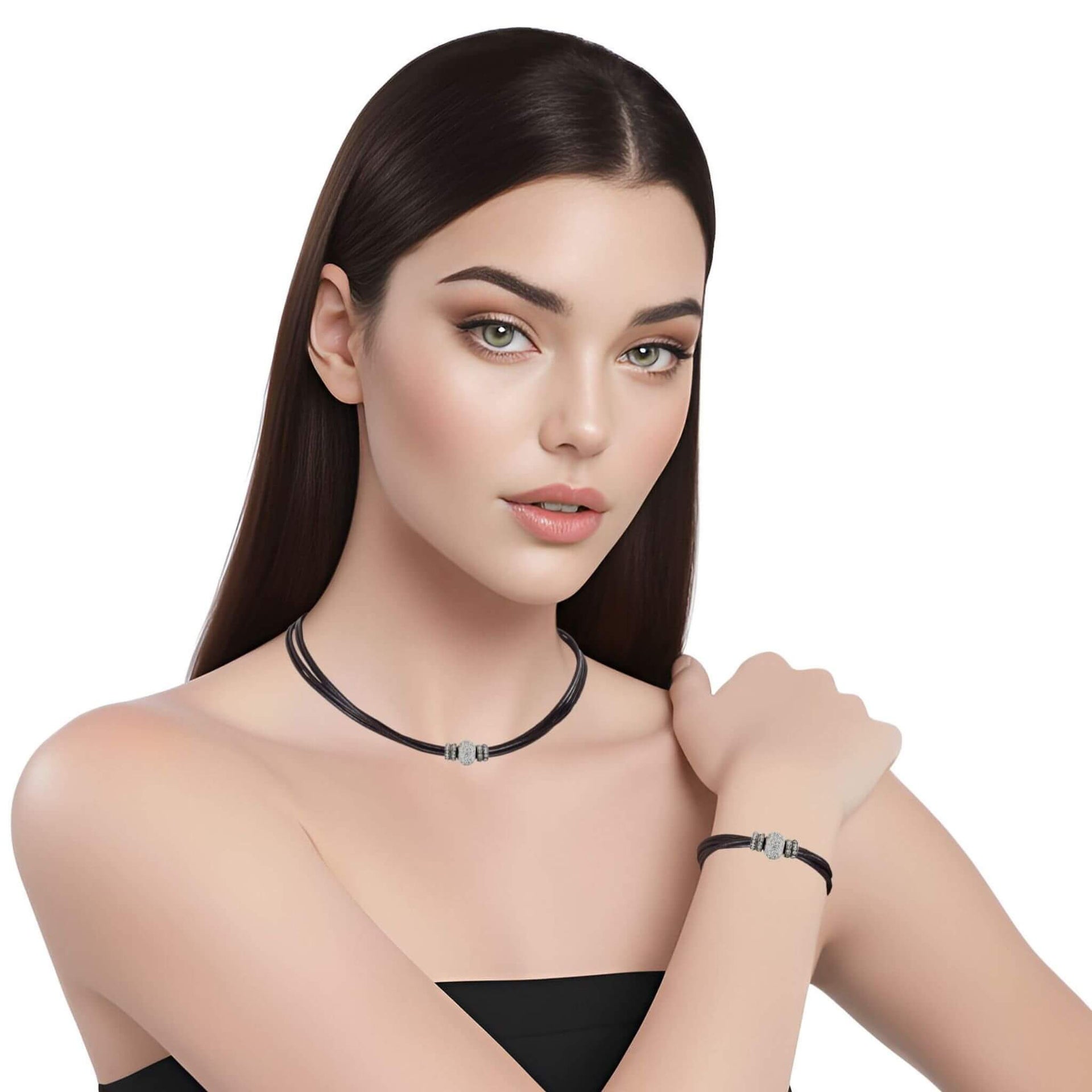 Set de pulsera y collar de cuero negro y brillantes de cristal blancos
