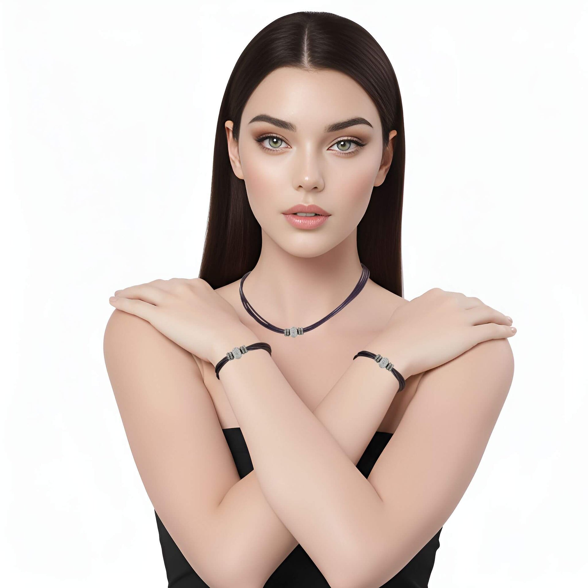 Set de pulsera y collar de cuero negro y brillantes de cristal blancos