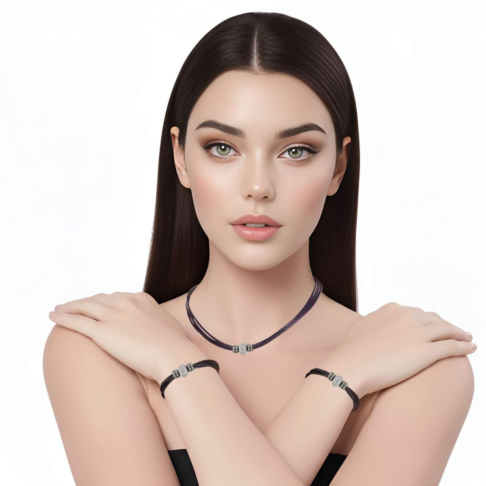 Set de pulsera y collar de cuero negro y brillantes de cristal blancos
