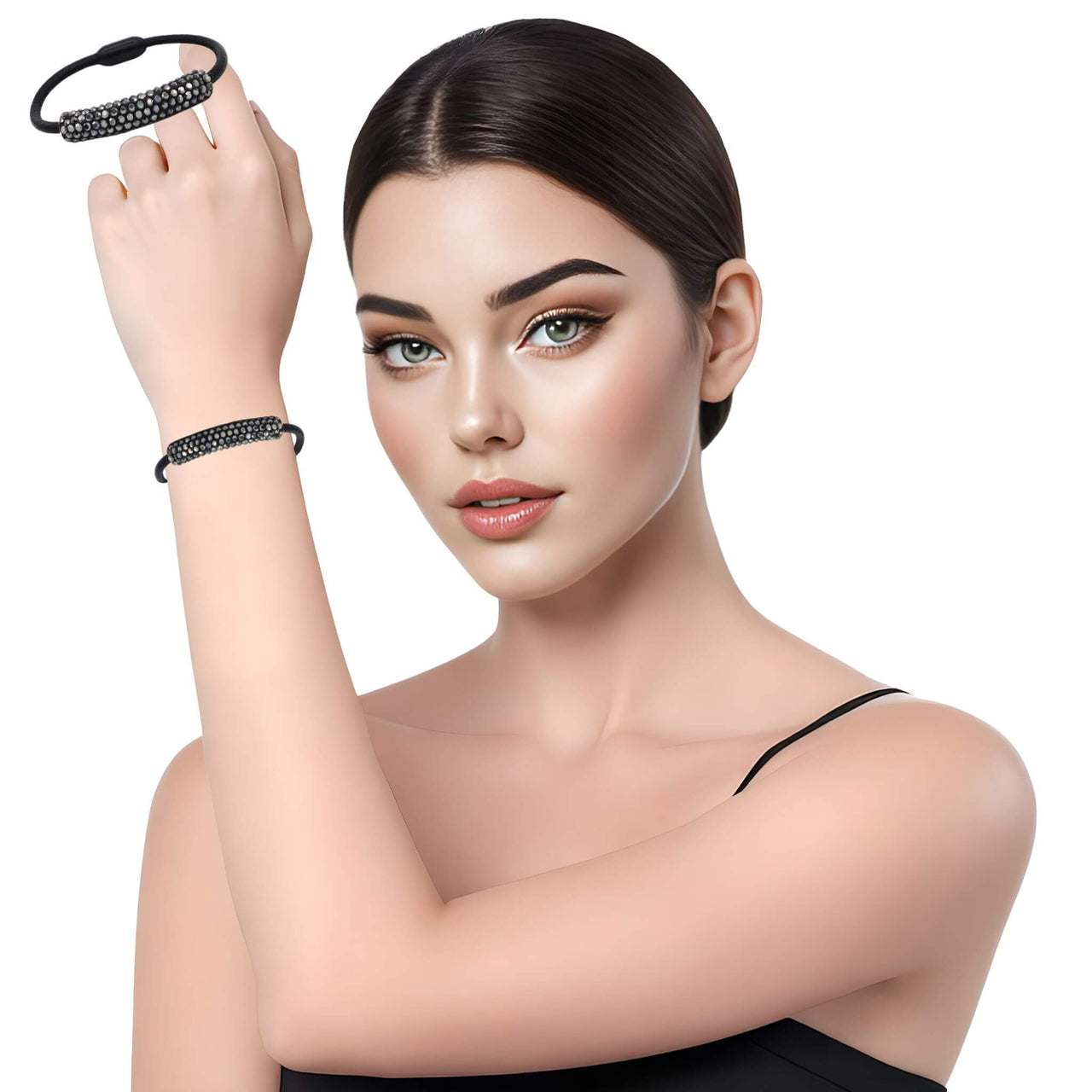 Pulsera de cuero negro y tubo de strass negro