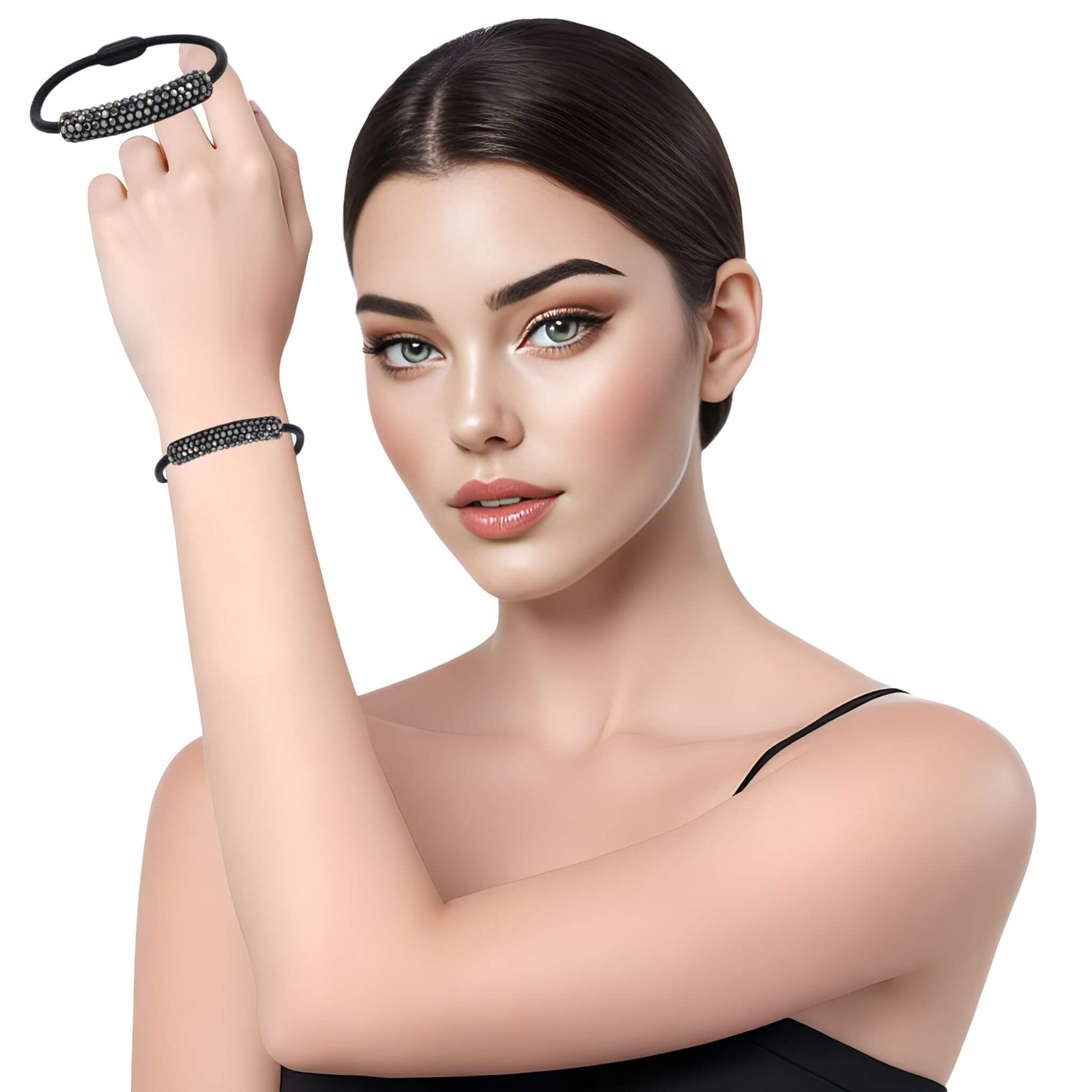Pulsera de cuero negro y tubo de strass negro