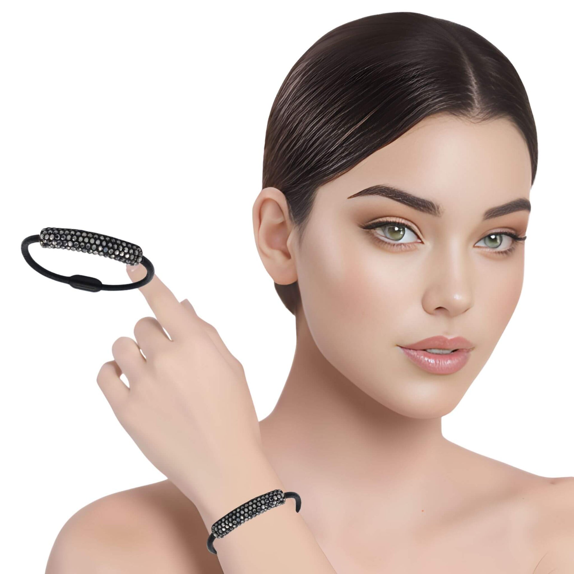 Pulsera de cuero negro y tubo de strass negro