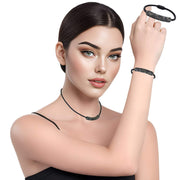 Set de Pulsera y collar de cuero negro y tubo de strass negro