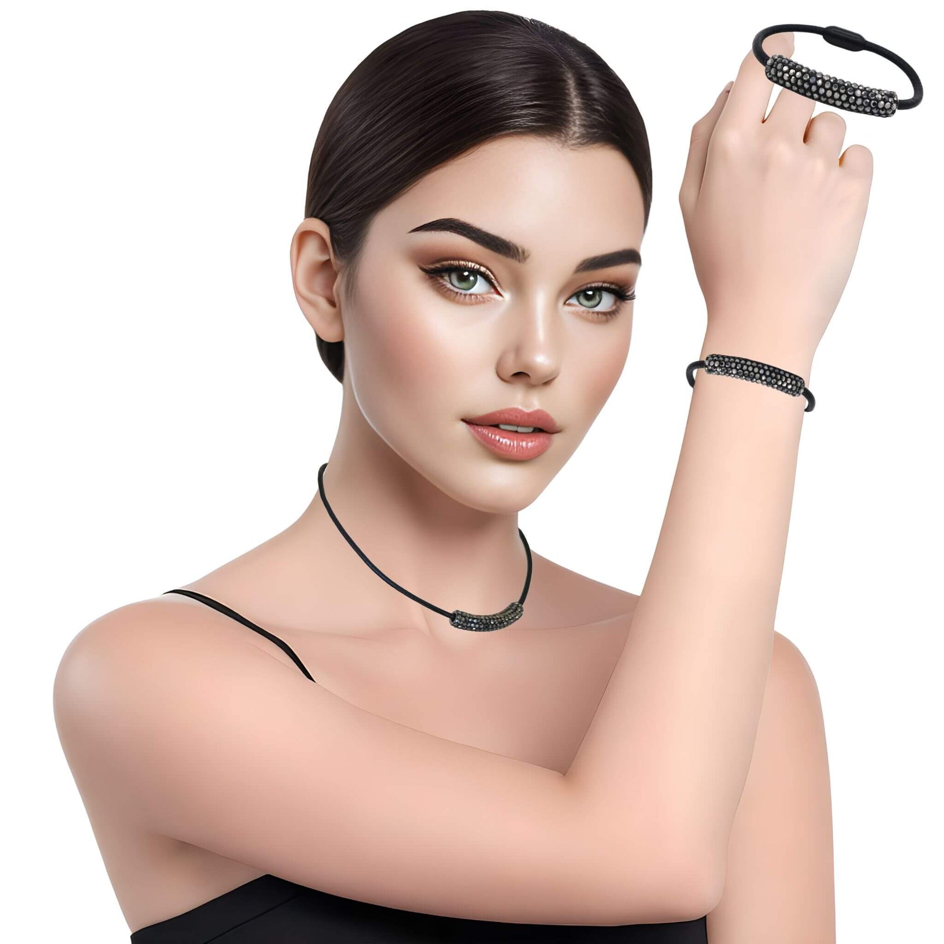 Set de Pulsera y collar de cuero negro y tubo de strass negro