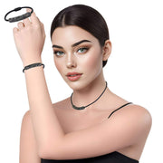 Set de Pulsera y collar de cuero negro y tubo de strass negro