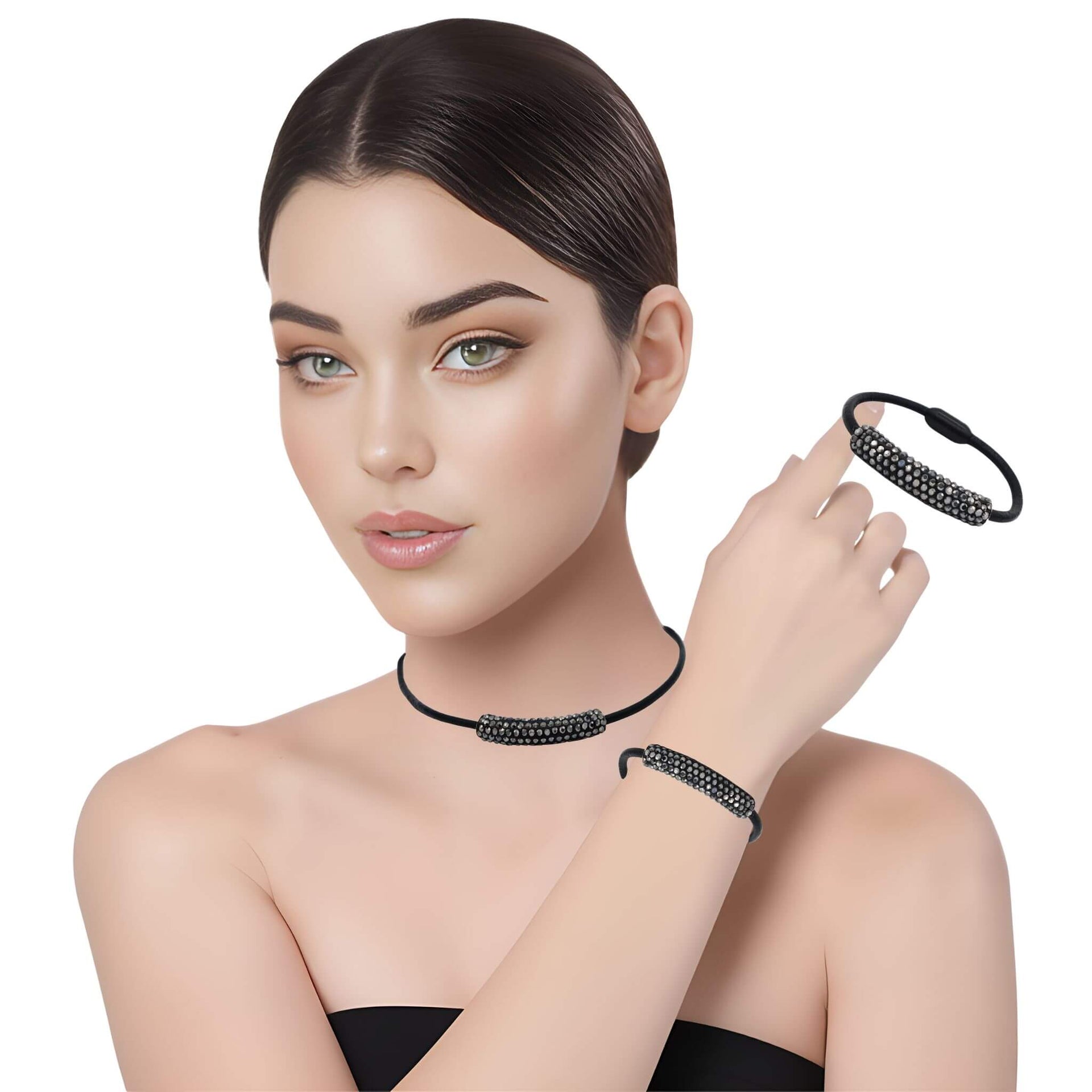 Set de Pulsera y collar de cuero negro y tubo de strass negro