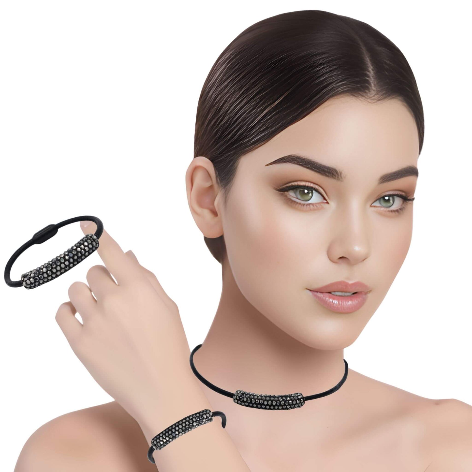 Set de Pulsera y collar de cuero negro y tubo de strass negro