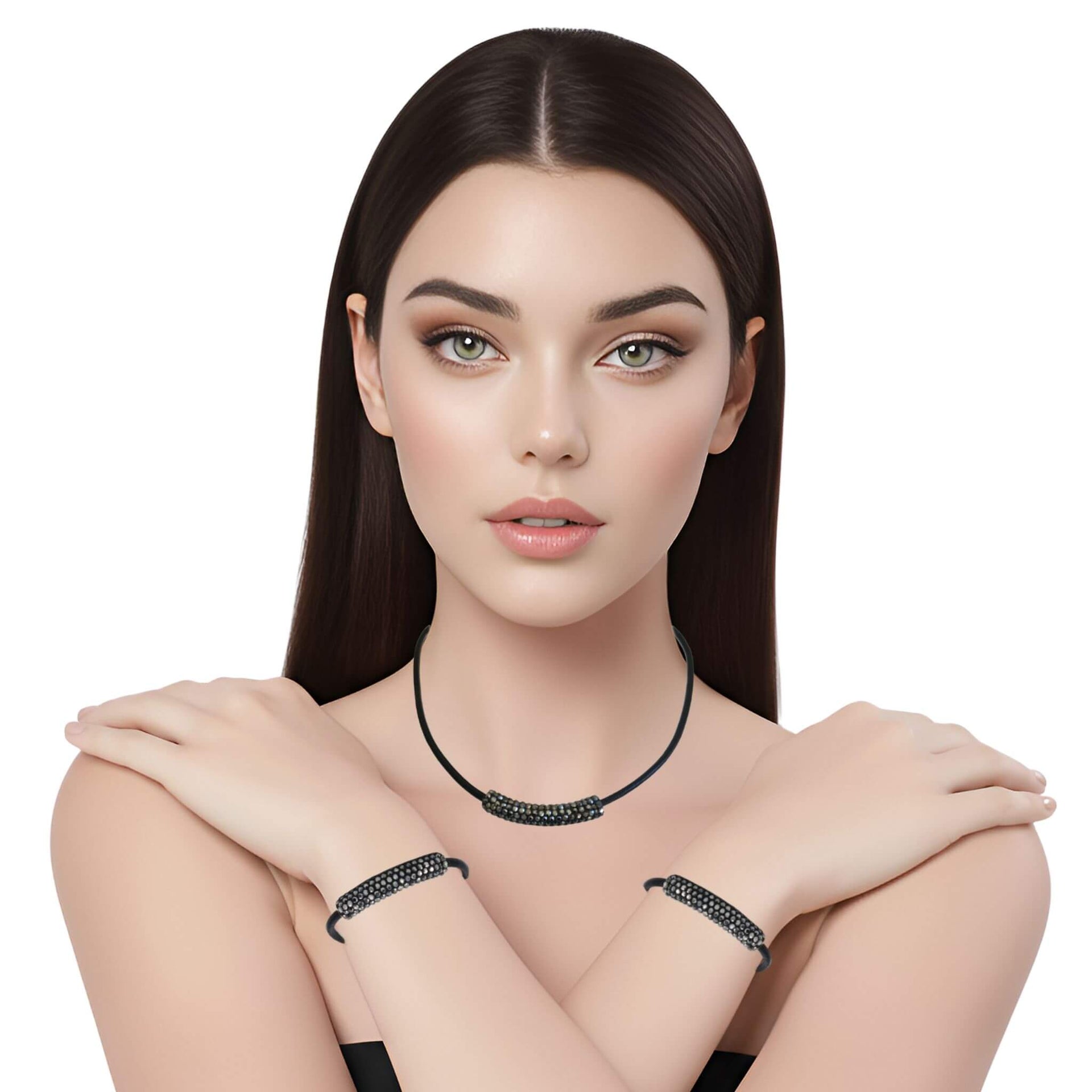 Set de Pulsera y collar de cuero negro y tubo de strass negro