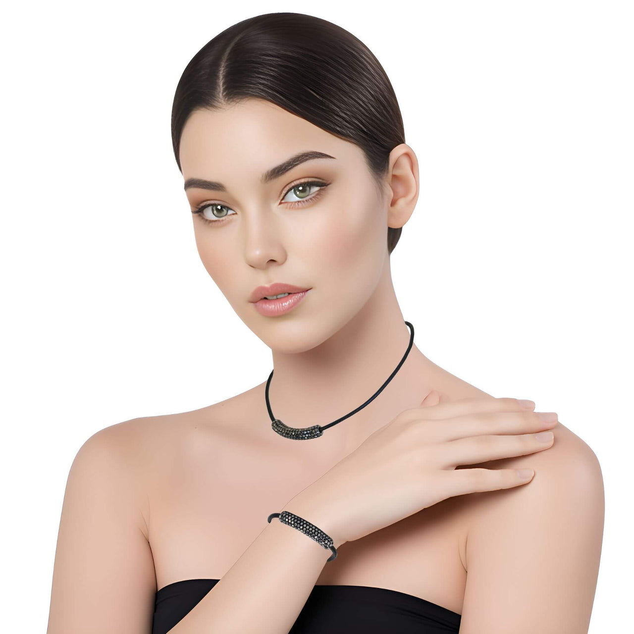 Set de Pulsera y collar de cuero negro y tubo de strass negro