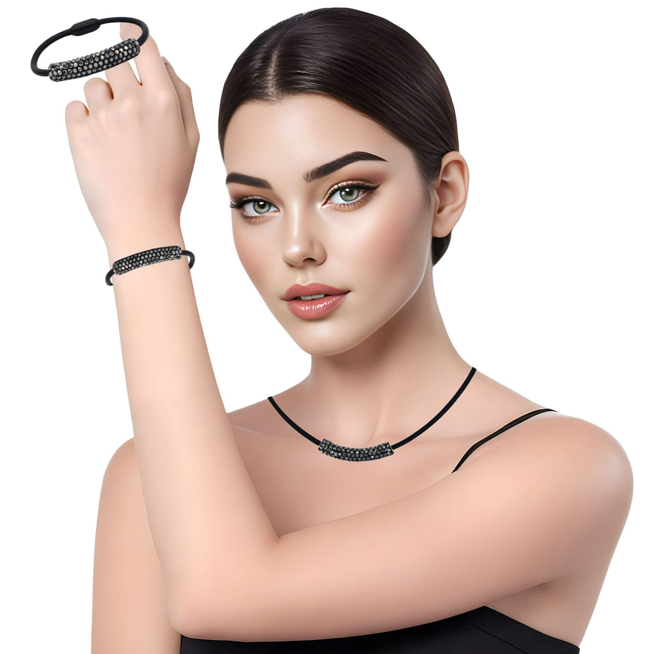 Set de Pulsera y collar de cuero negro y tubo de strass negro