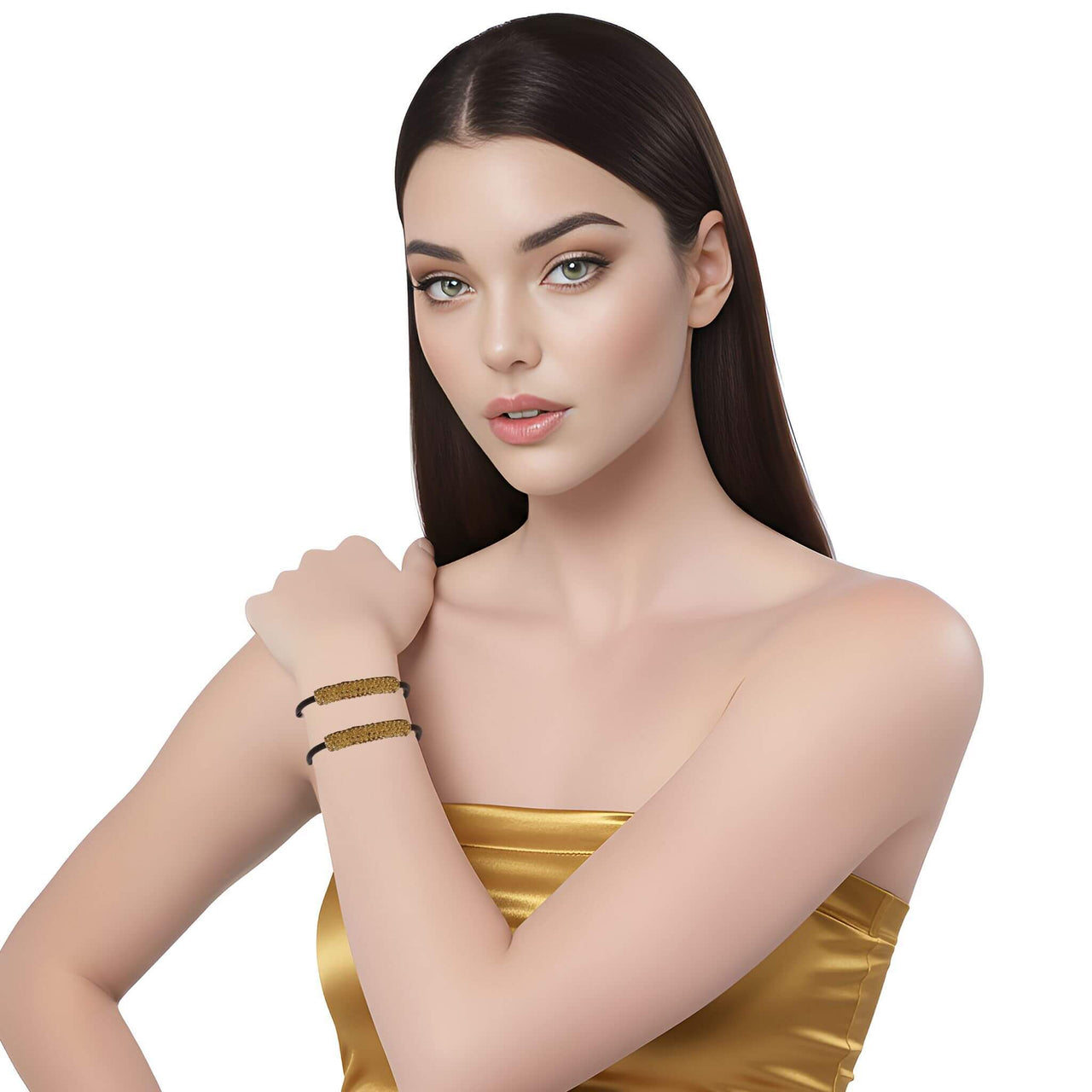 Pulsera de cuero marrón y tubo central de strass dorado