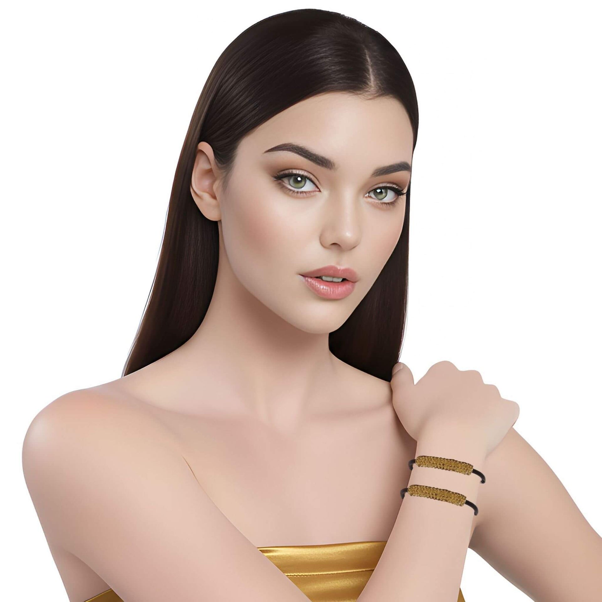 Pulsera de cuero marrón y tubo central de strass dorado