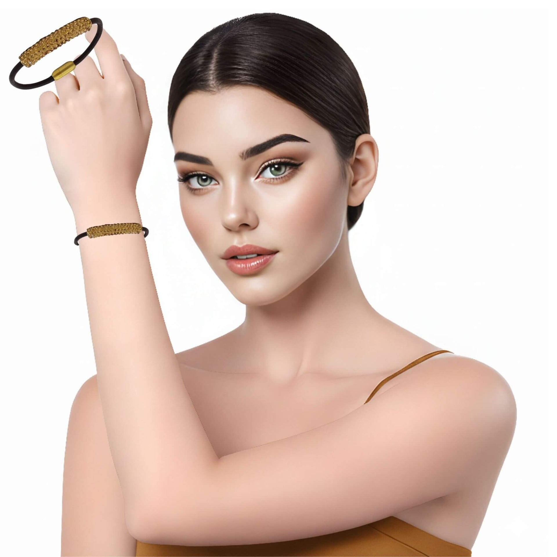 Pulsera de cuero marrón y tubo central de strass dorado