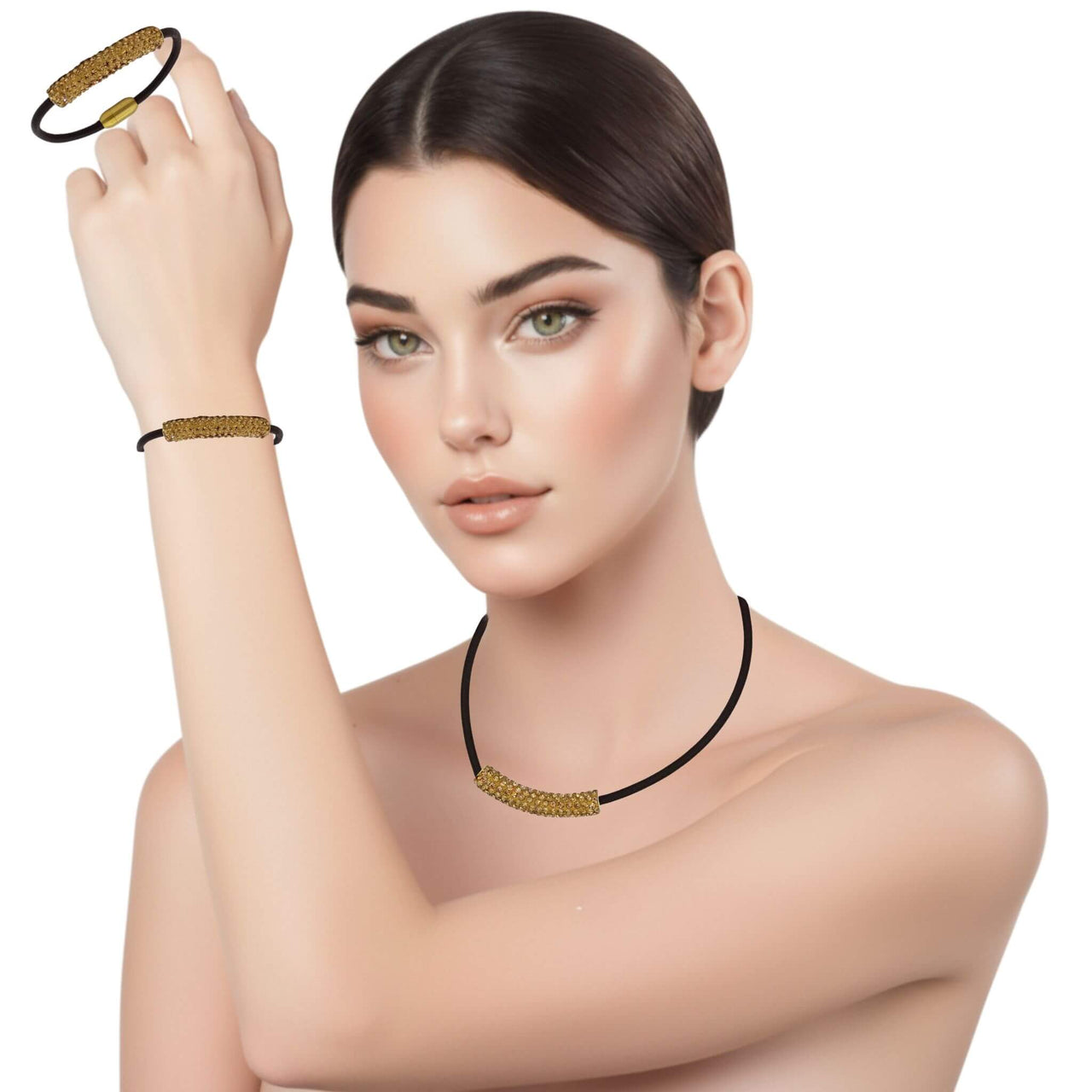 Set de Pulsera y collar de cuero marrón y tubo de strass dorado