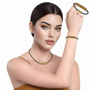 Set de Pulsera y collar de cuero marrón y tubo de strass dorado