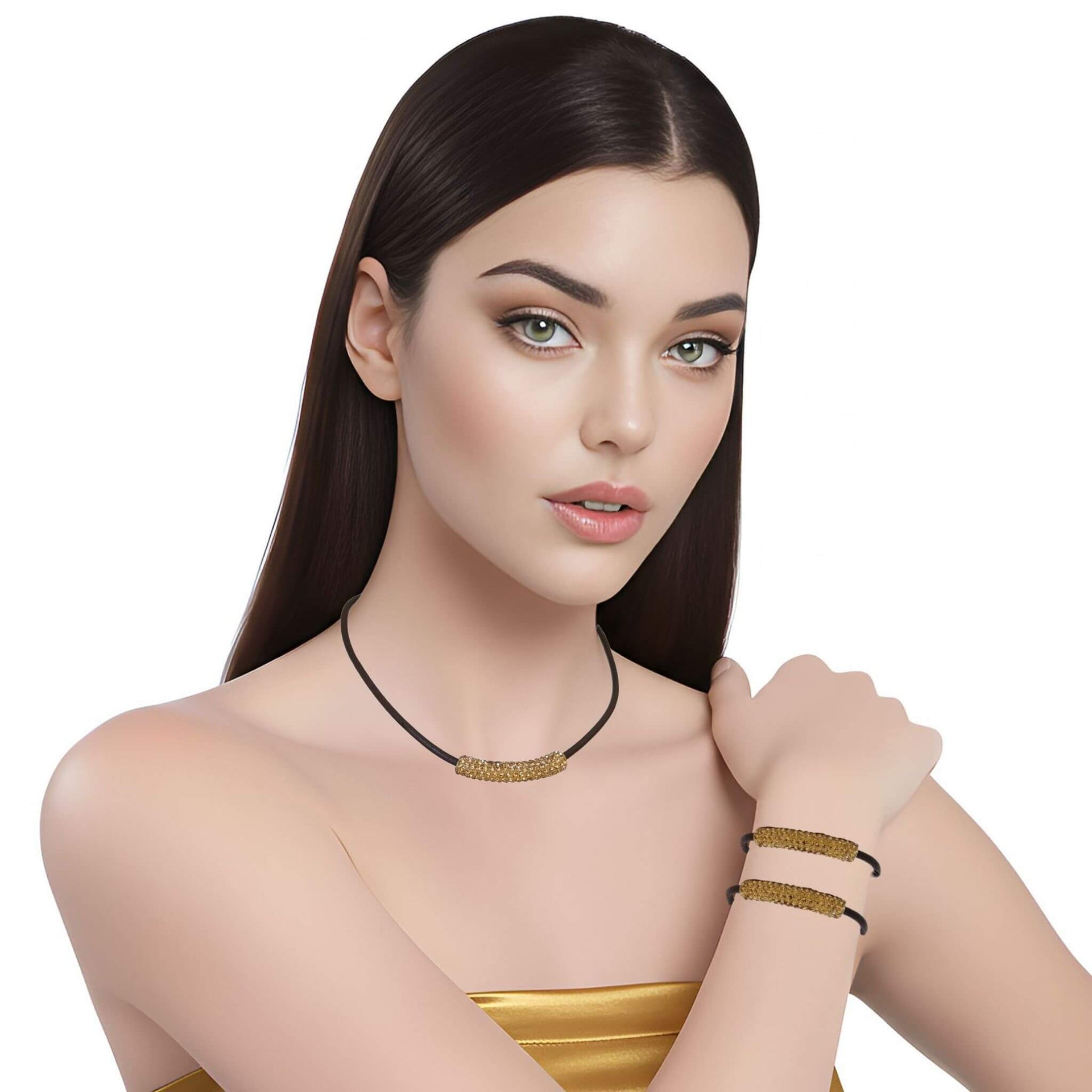 Set de Pulsera y collar de cuero marrón y tubo de strass dorado