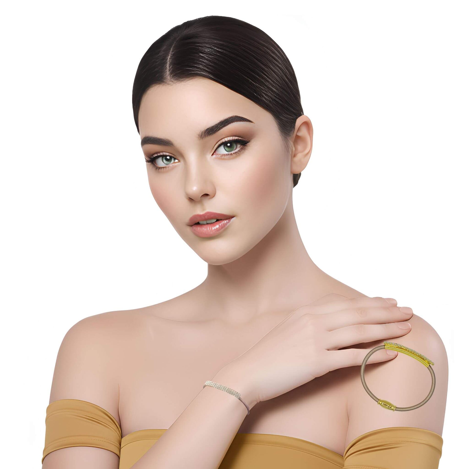 Pulsera de cuero oro rosa con pieza dorada de brillantes de strass