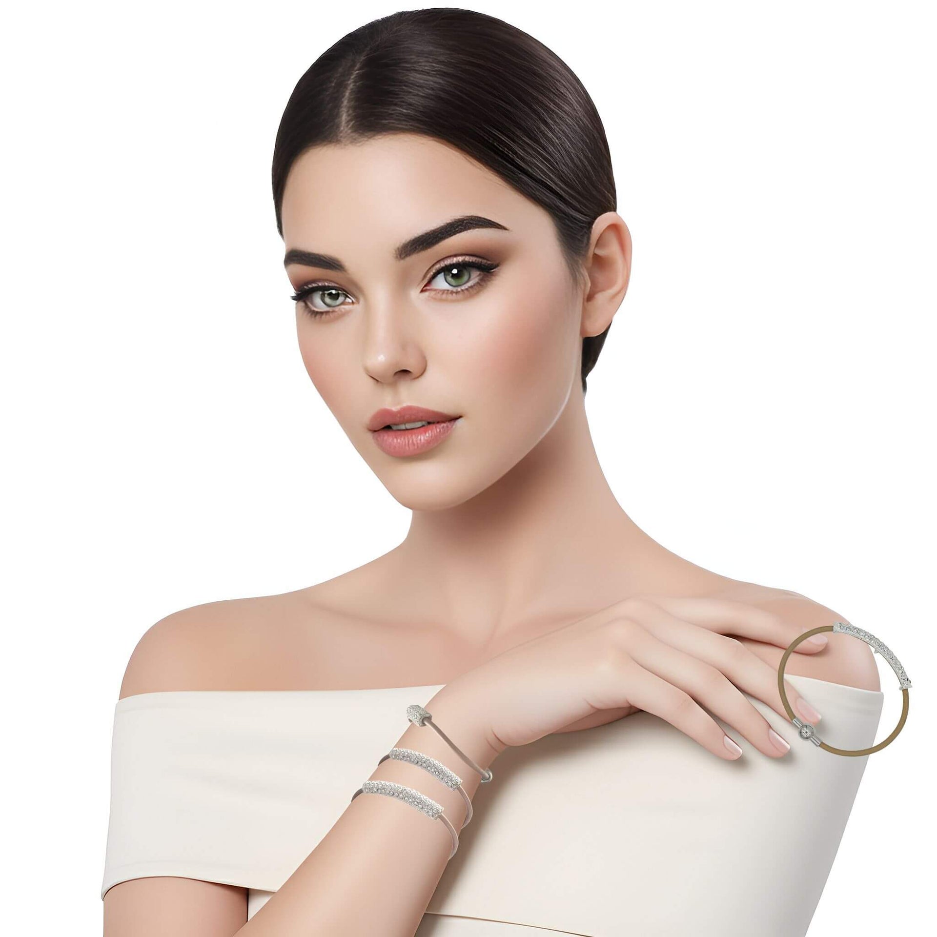 Pulsera de cuero beige con tubo de strass plateado